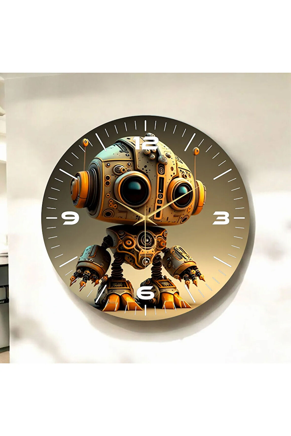 Renkli Baskı Robot Çocuk Desenli Sayılı Hediyelik Ahşap Sessiz Duvar Saati 50cm