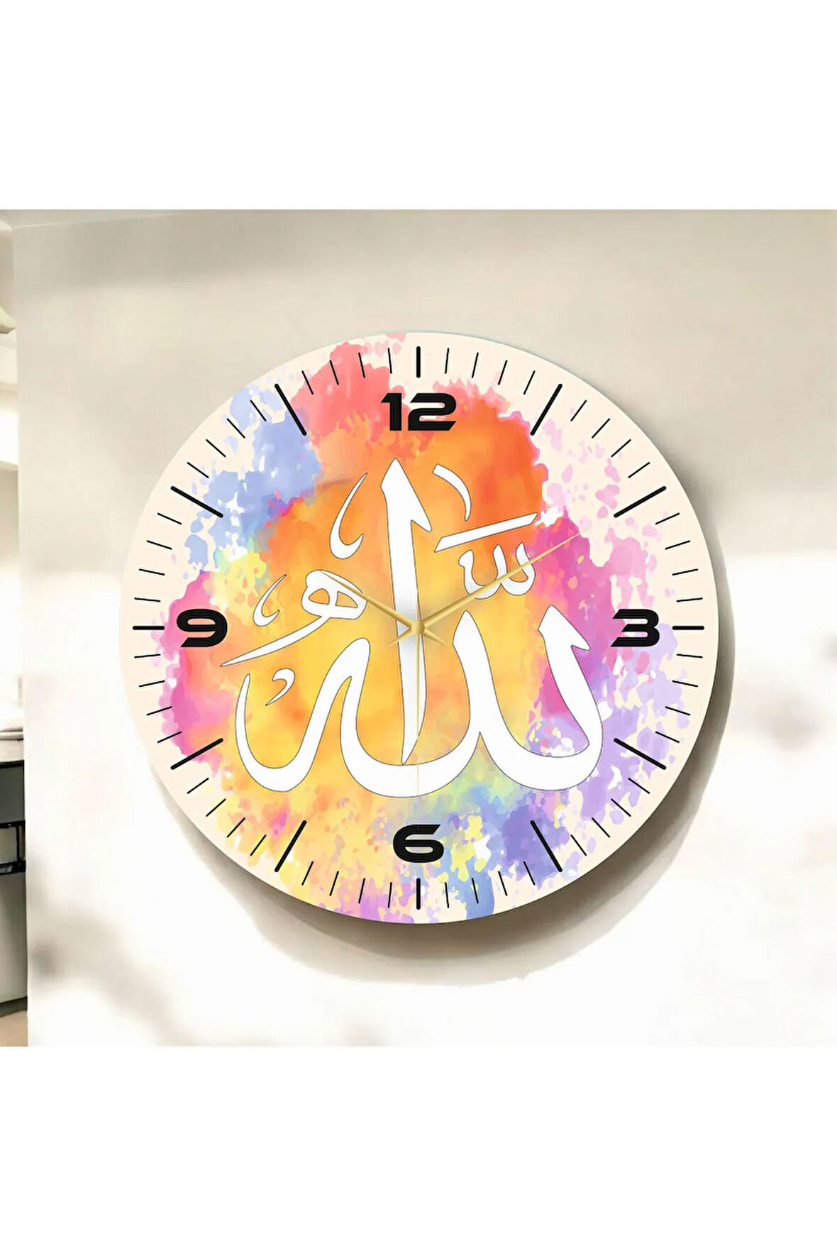 Renkli Baskı Dini Desenli Sayılı Hediyelik Ahşap Sessiz Duvar Saati 50cm