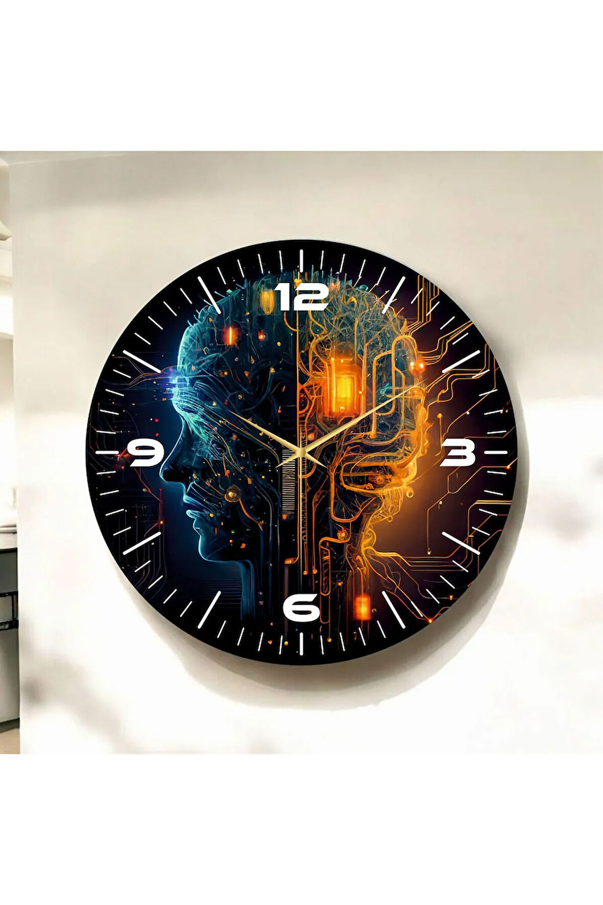 Renkli Baskı İnsan Makine Desenli Sayılı Hediyelik Ahşap Sessiz Duvar Saati 50cm