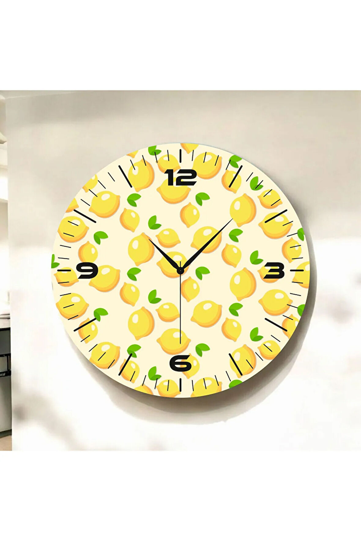 Sarı Renkli Baskı Limon Desenli Sayılı Hediyelik Ahşap Sessiz Duvar Saati 50cm