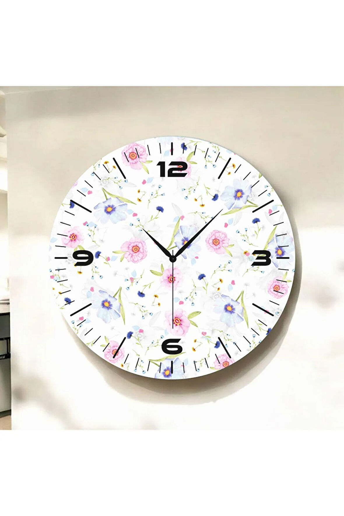Renkli Baskı Çiçek Desenli Sayılı Hediyelik Ahşap Sessiz Duvar Saati 50cm