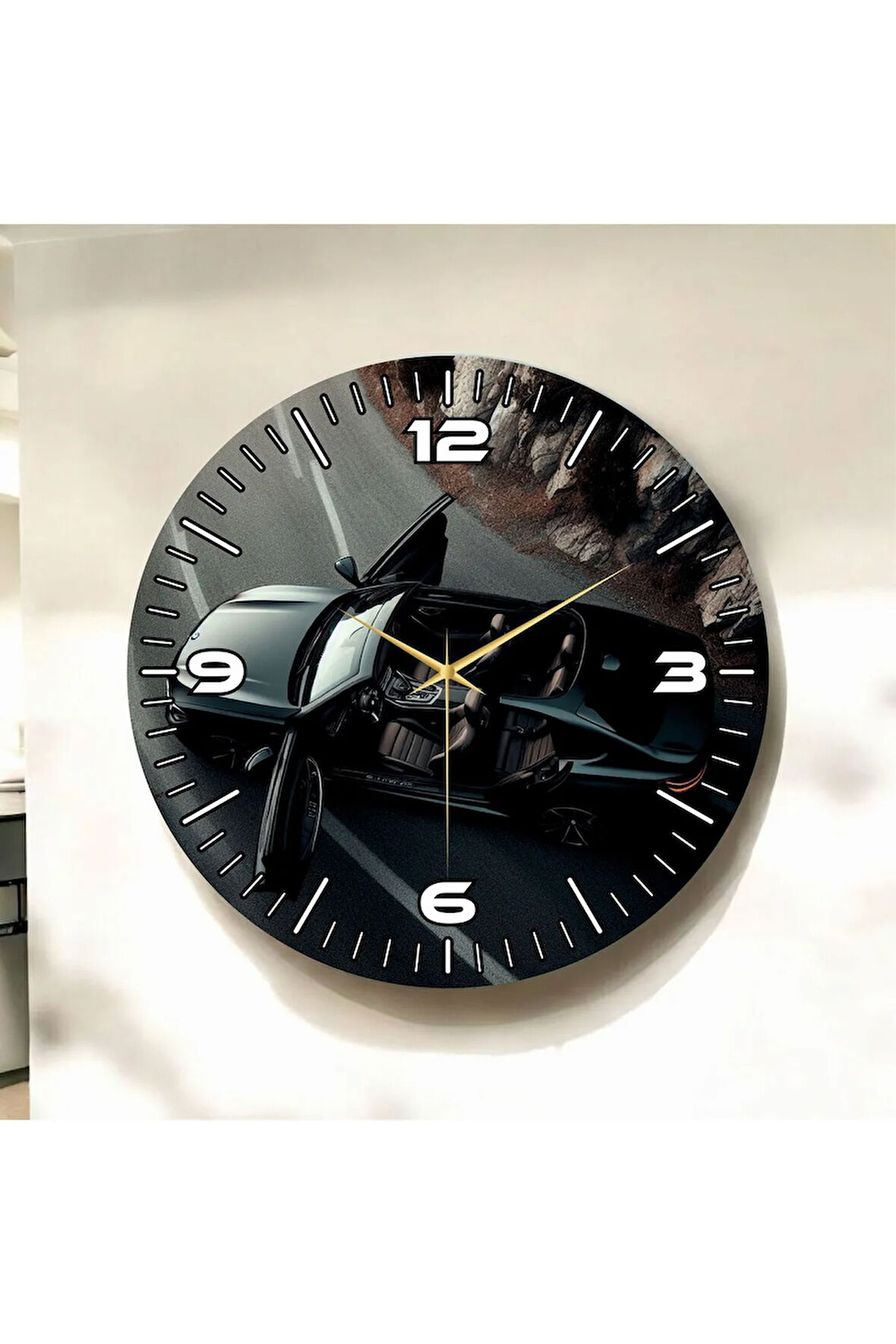 Renkli Baskı Araba Desenli Sayılı Hediyelik Ahşap Sessiz Duvar Saati 50cm
