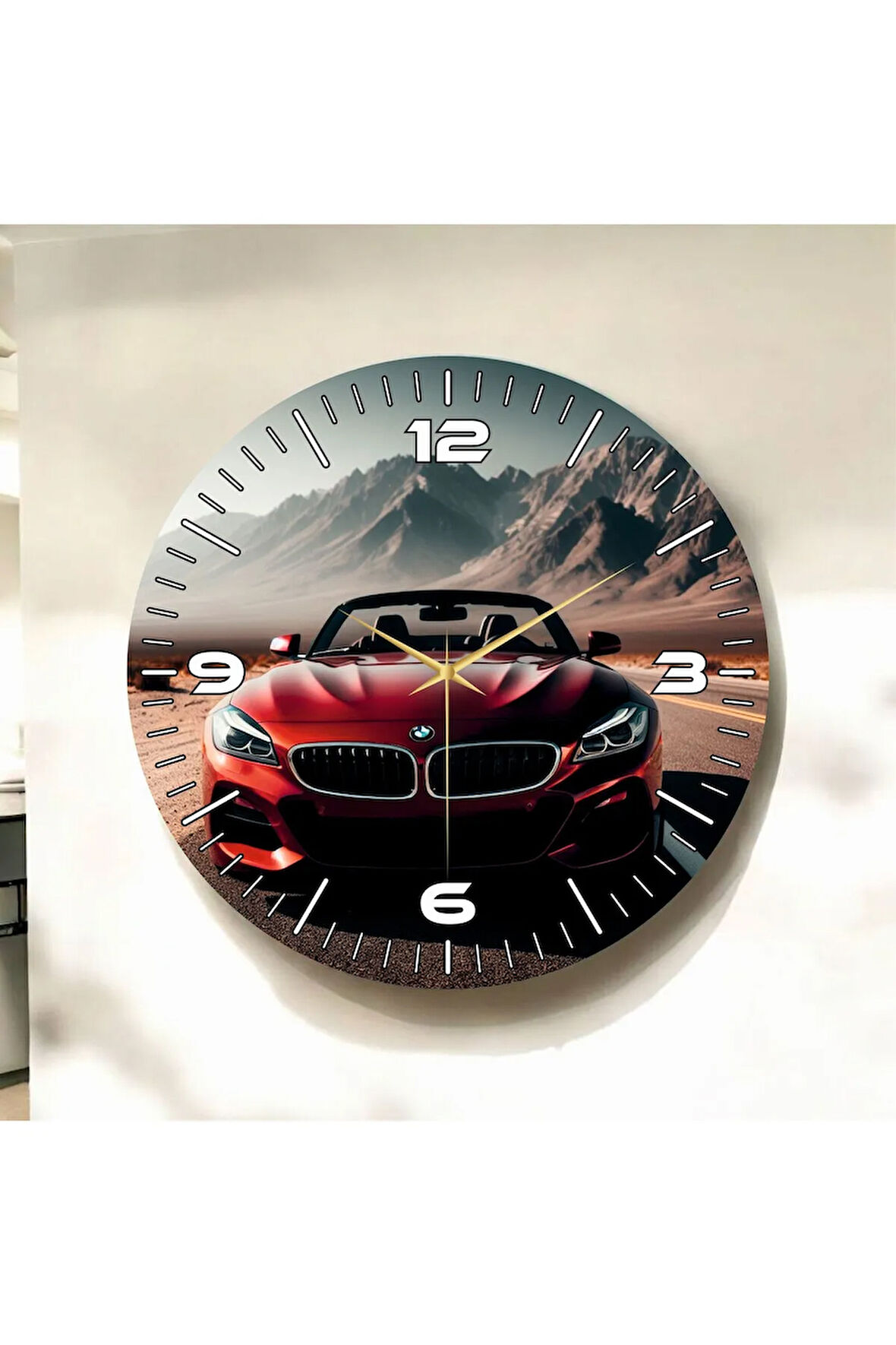 Renkli Baskı Araba Desenli Sayılı Hediyelik Ahşap Sessiz Duvar Saati 50cm