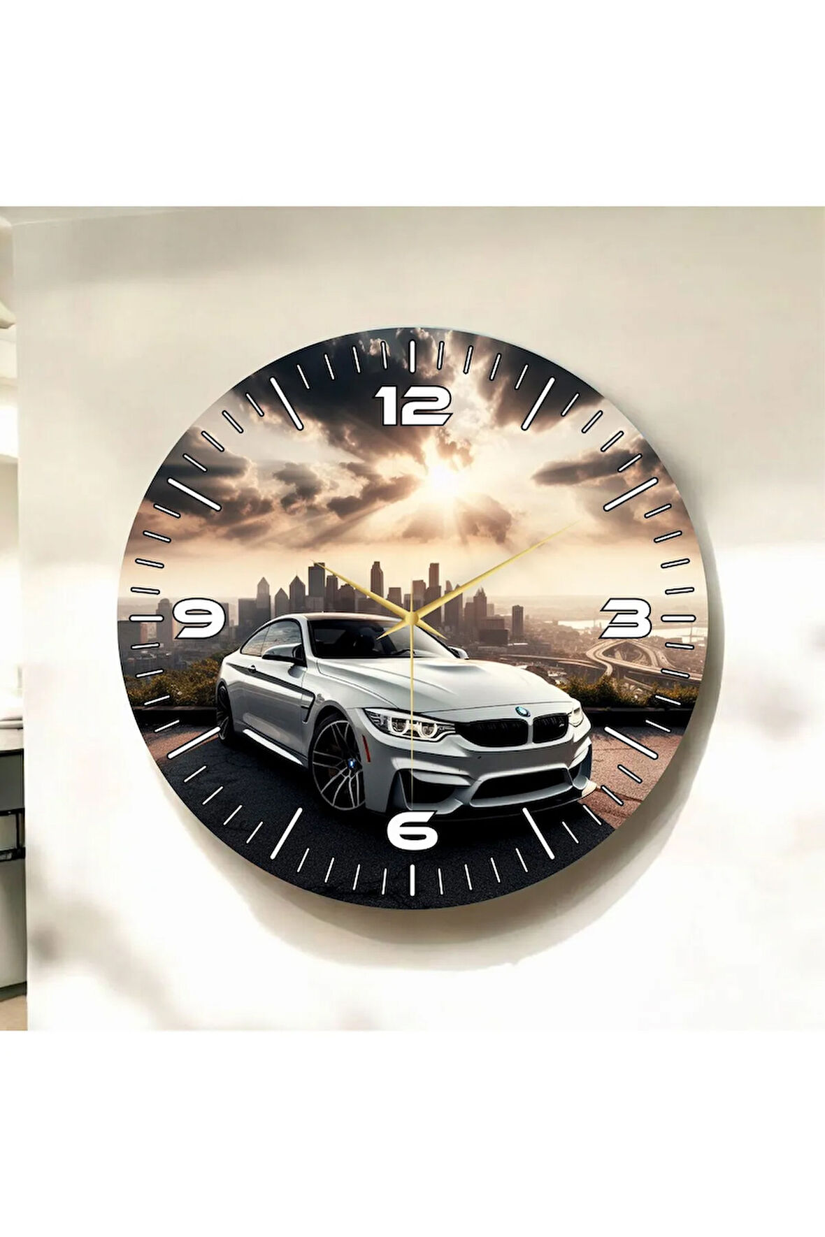 Renkli Baskı Araba Desenli Sayılı Hediyelik Ahşap Sessiz Duvar Saati 50cm