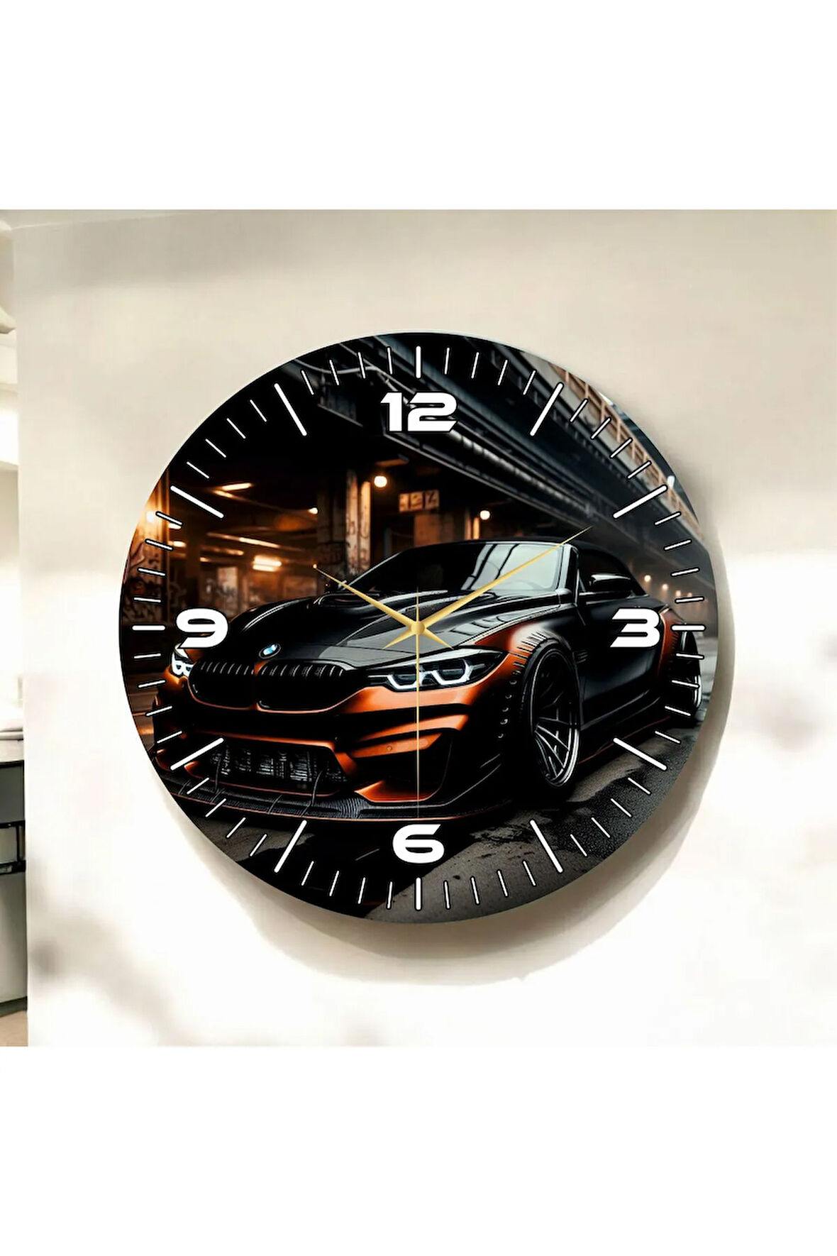 Renkli Baskı Araba Desenli Sayılı Hediyelik Ahşap Sessiz Duvar Saati 50cm