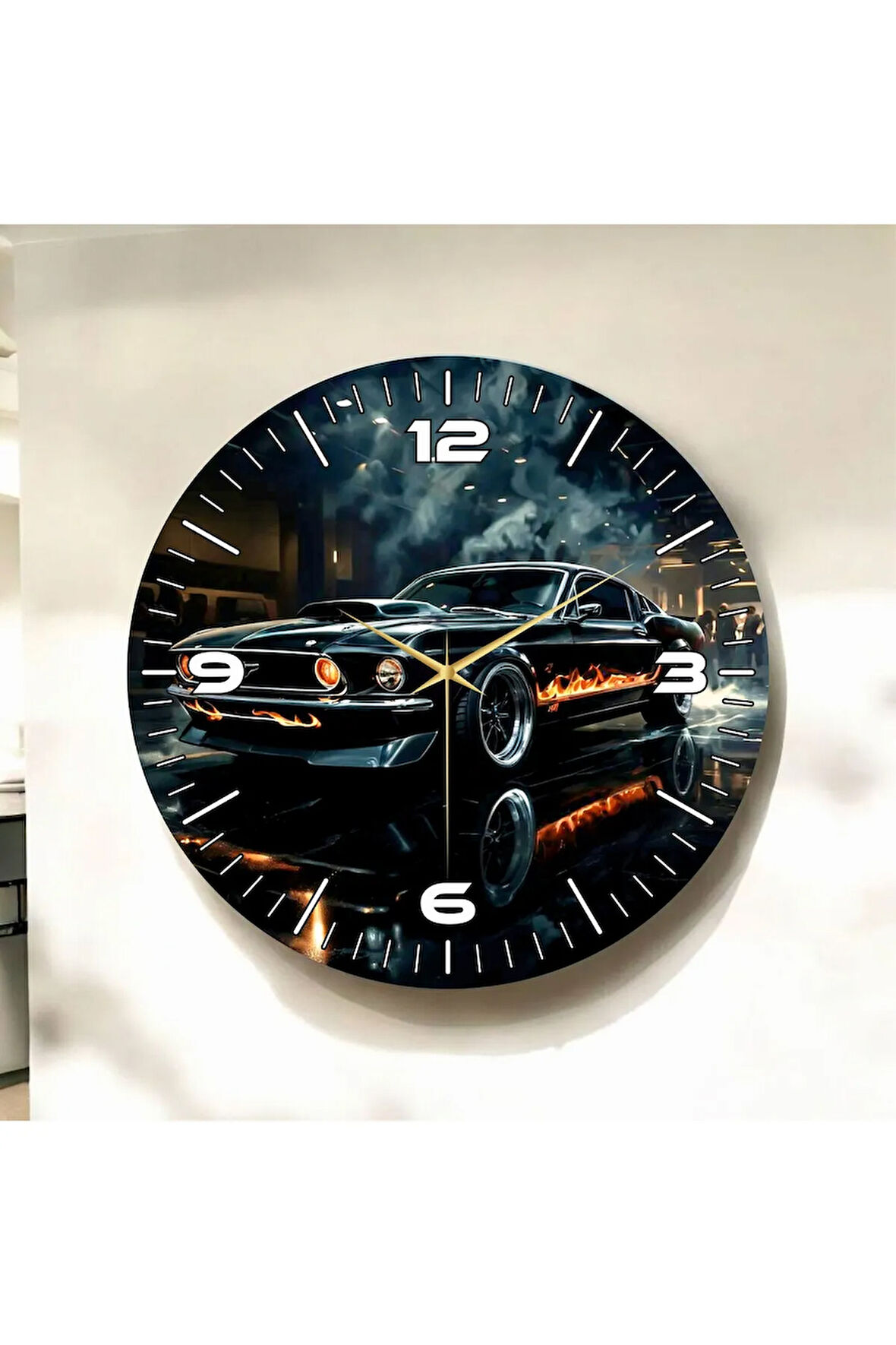 Renkli Baskı Araba Desenli Sayılı Hediyelik Ahşap Sessiz Duvar Saati 50cm