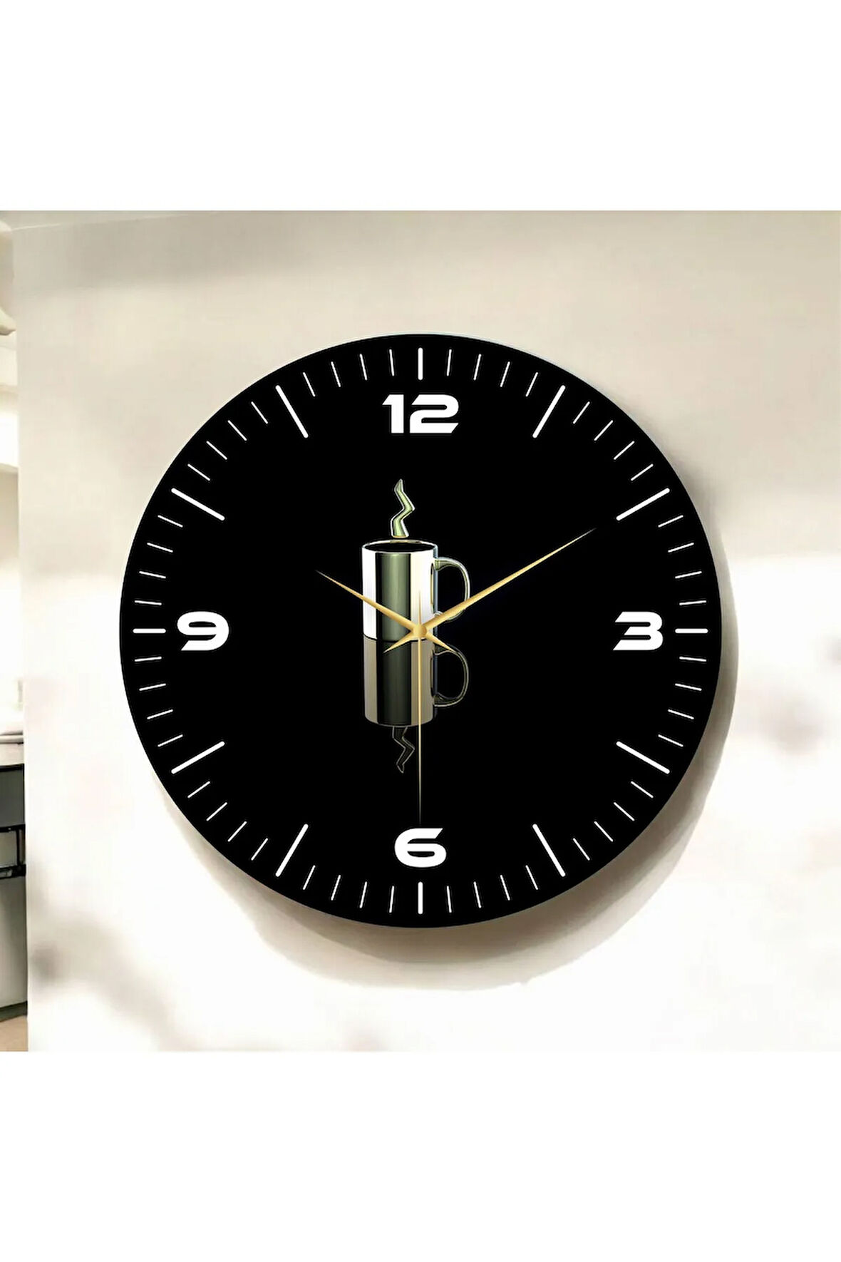 Renkli Baskı Kahve Fincan Desenli Sayılı Hediyelik Ahşap Sessiz Duvar Saati 50cm