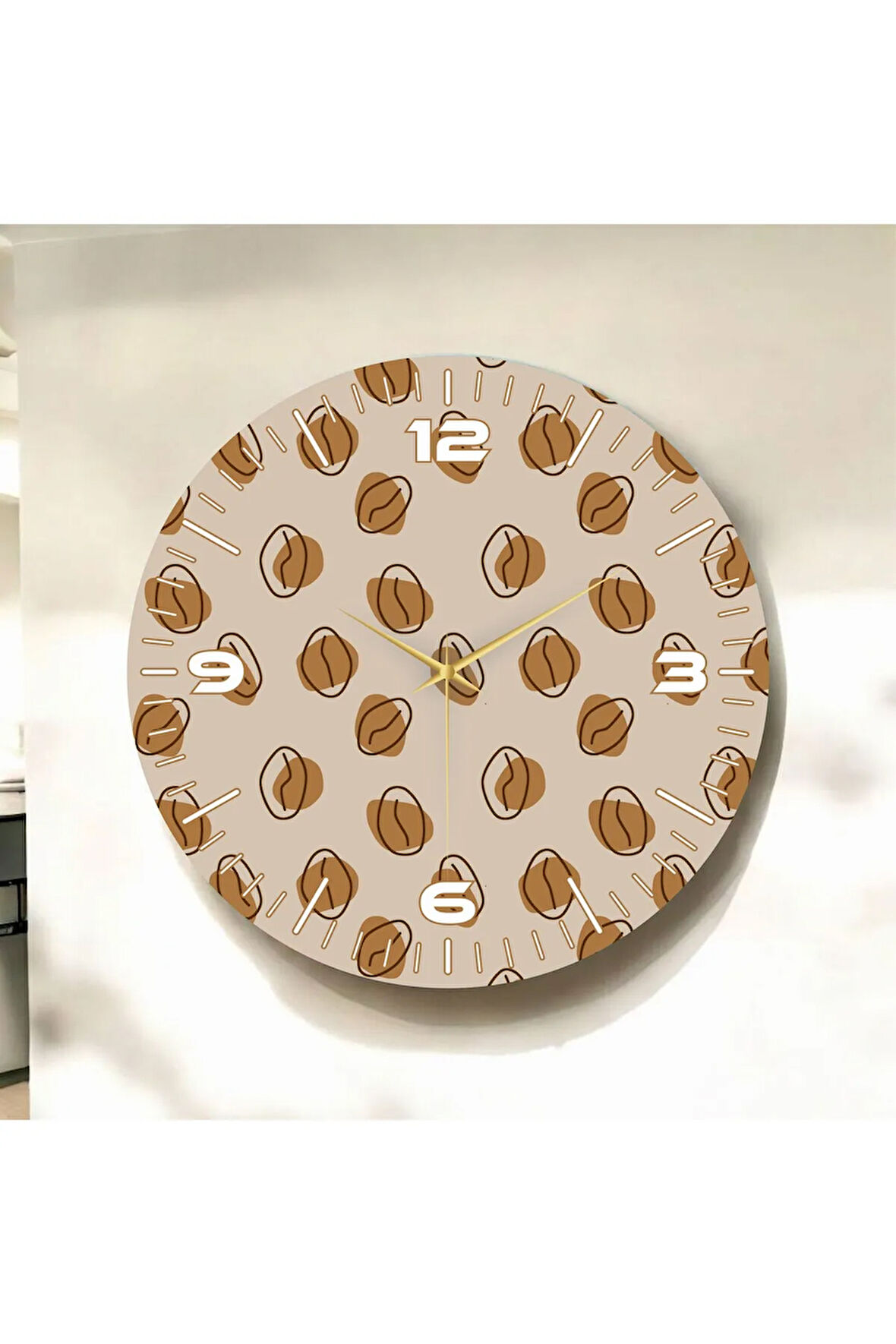 Renkli Baskı Kahve Desenli Sayılı Hediyelik Ahşap Sessiz Duvar Saati 50cm