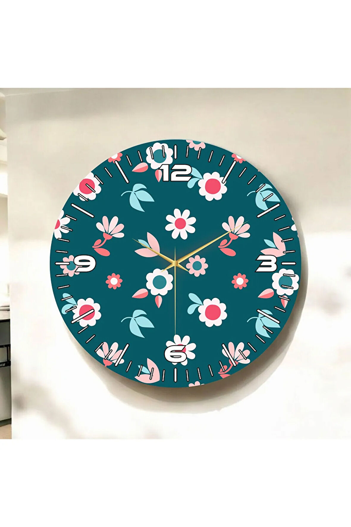 Renkli Baskı Çiçek Desenli Sayılı Hediyelik Ahşap Sessiz Duvar Saati 50cm