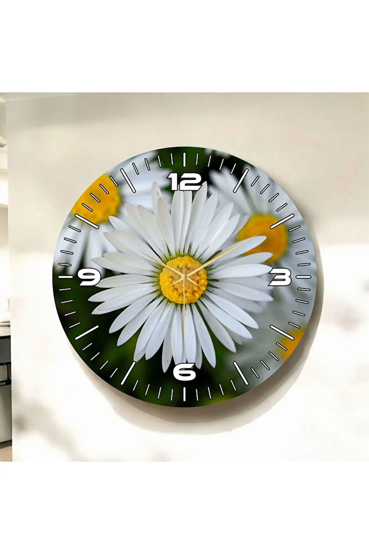 Papatya Tasarımlı Renkli Baskı Çiçek Desenli Sayılı Hediyelik Ahşap Sessiz Duvar Saati 50cm