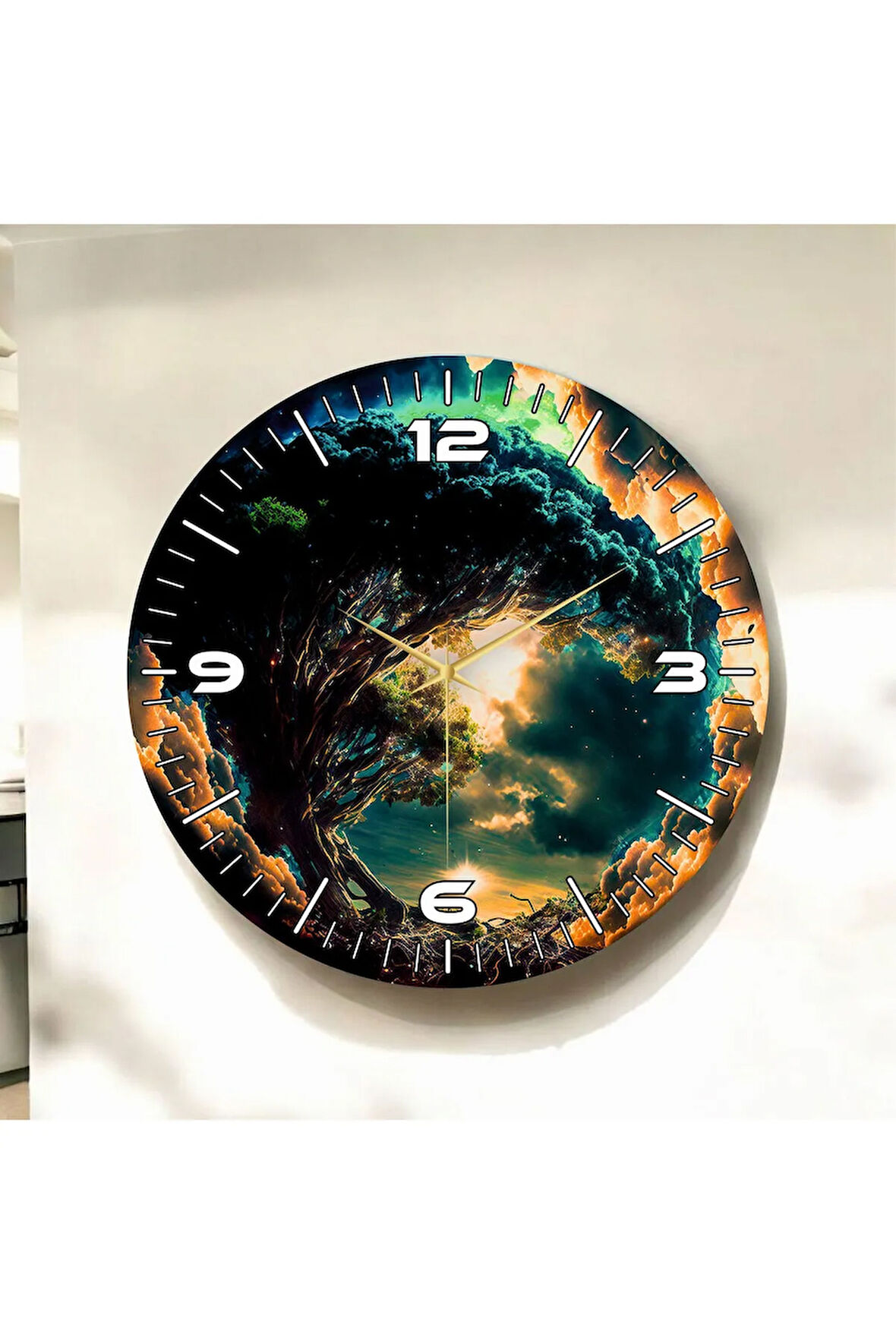 Renkli Baskı Doğa Desenli Sayılı Hediyelik Ahşap Sessiz Duvar Saati 50cm