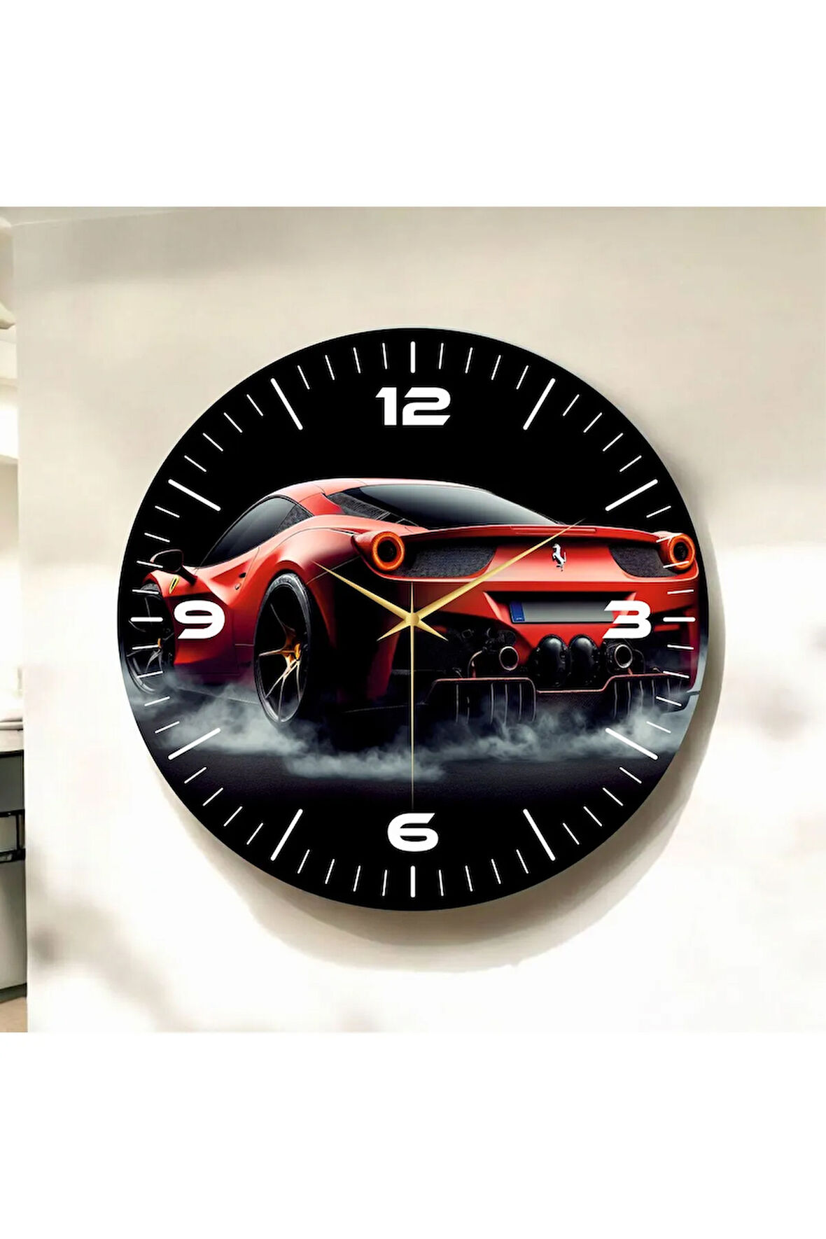 Renkli Baskı Araba Desenli Sayılı Hediyelik Ahşap Sessiz Duvar Saati 50cm