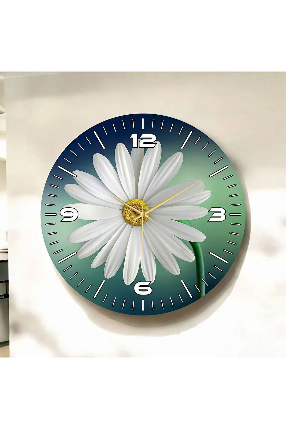 Renkli Baskı Çiçek Papatya Desenli Sayılı Hediyelik Ahşap Sessiz Duvar Saati 50cm