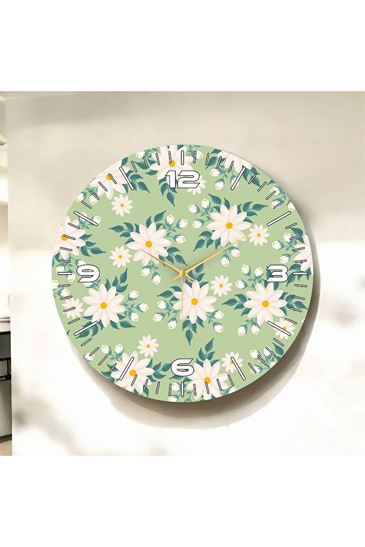 Renkli Baskı Çiçek Papatya Desenli Sayılı Hediyelik Ahşap Sessiz Duvar Saati 50cm