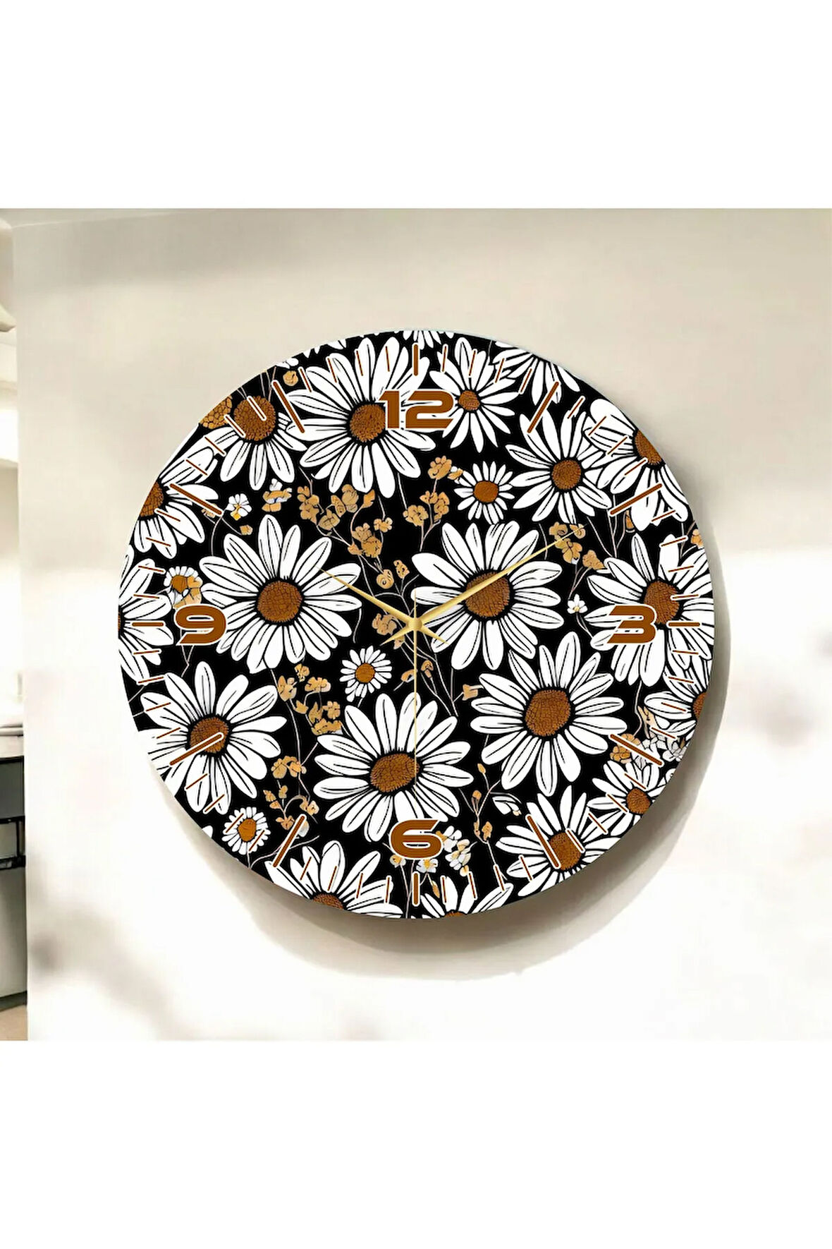 Renkli Baskı Papatya Desenli Sayılı Hediyelik Ahşap Sessiz Duvar Saati 50cm