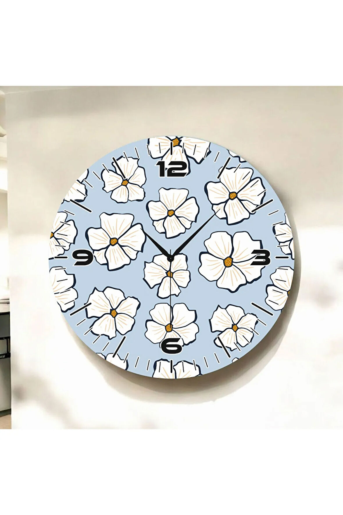 Çiçek Temalı Renkli Baskı Papatya Desenli Sayılı Hediyelik Ahşap Sessiz Duvar Saati 50cm