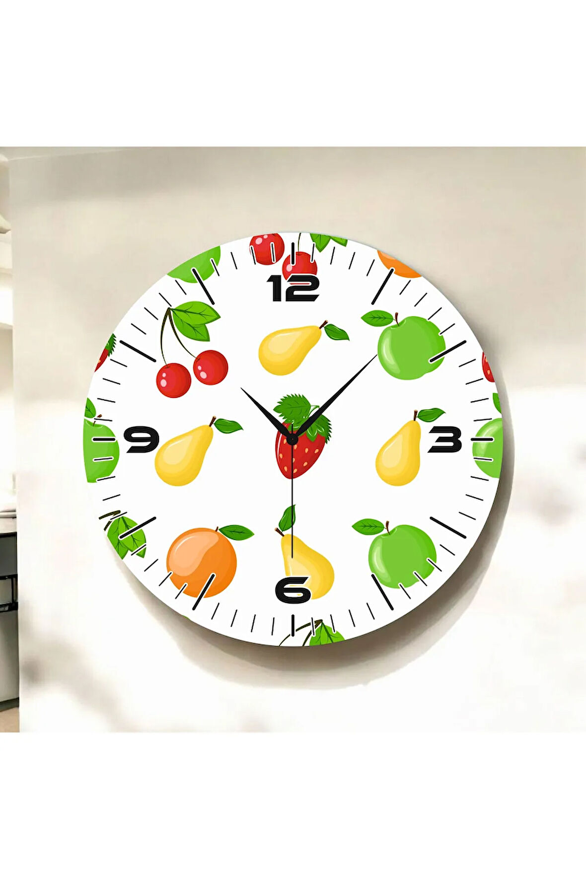 Renkli Baskı Meyve Desenli Sayılı Hediyelik Ahşap Sessiz Duvar Saati 50cm