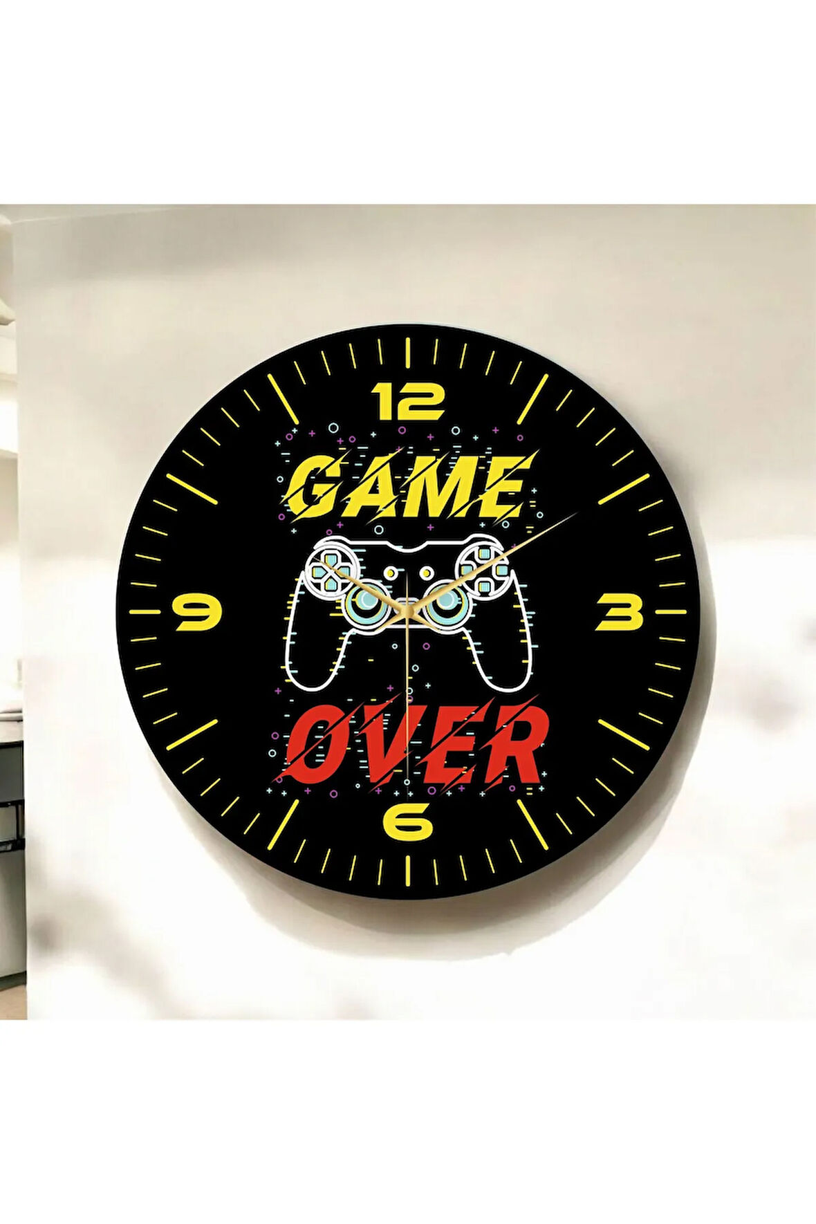 Gamer Oyuncu Renkli Baskı Desenli Sayılı Hediyelik Ahşap Sessiz Duvar Saati 50cm