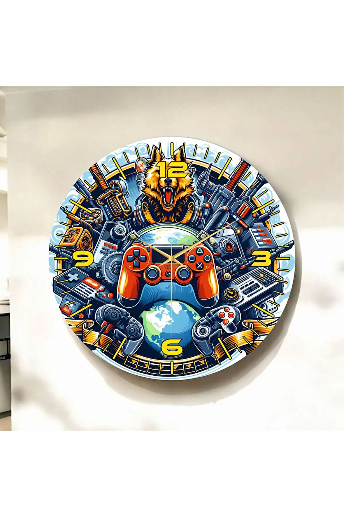 Gamer Oyuncu Renkli Baskı Desenli Sayılı Hediyelik Ahşap Sessiz Duvar Saati 50cm