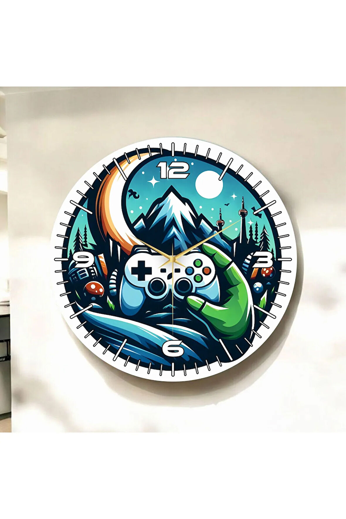 Gamer Oyuncu Renkli Baskı Desenli Sayılı Hediyelik Ahşap Sessiz Duvar Saati 50cm