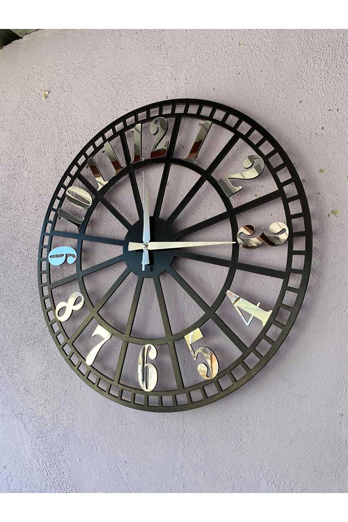 Siyah Renk Gri Sayılı Hediyelik Ahşap Dekoratif Farklı Desenli Ev Hediyelik Duvar Saati 50cm