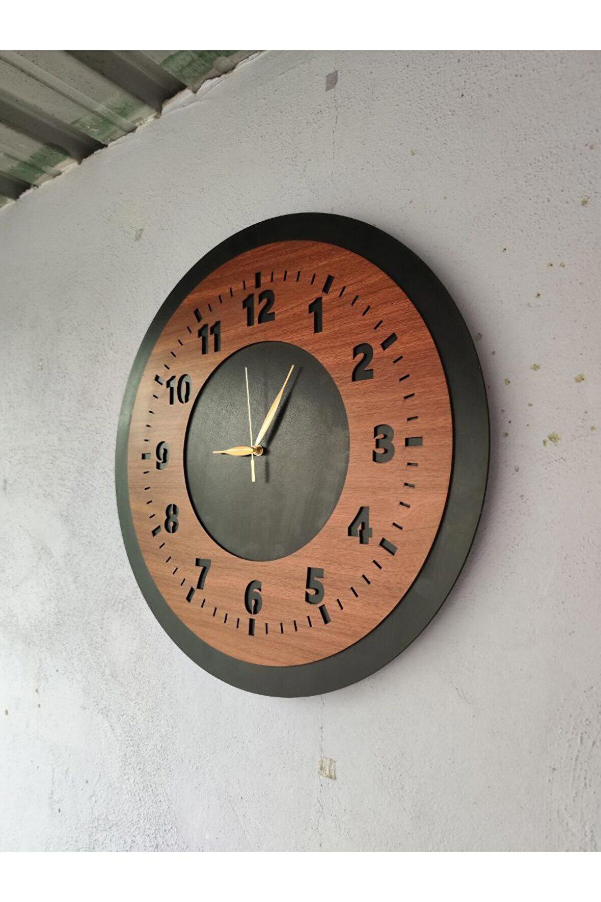 Ahşap Ceviz Mobilya Siyah Renk Sade Sayılı Hediyelik Sessiz Duvar Saati 50cm