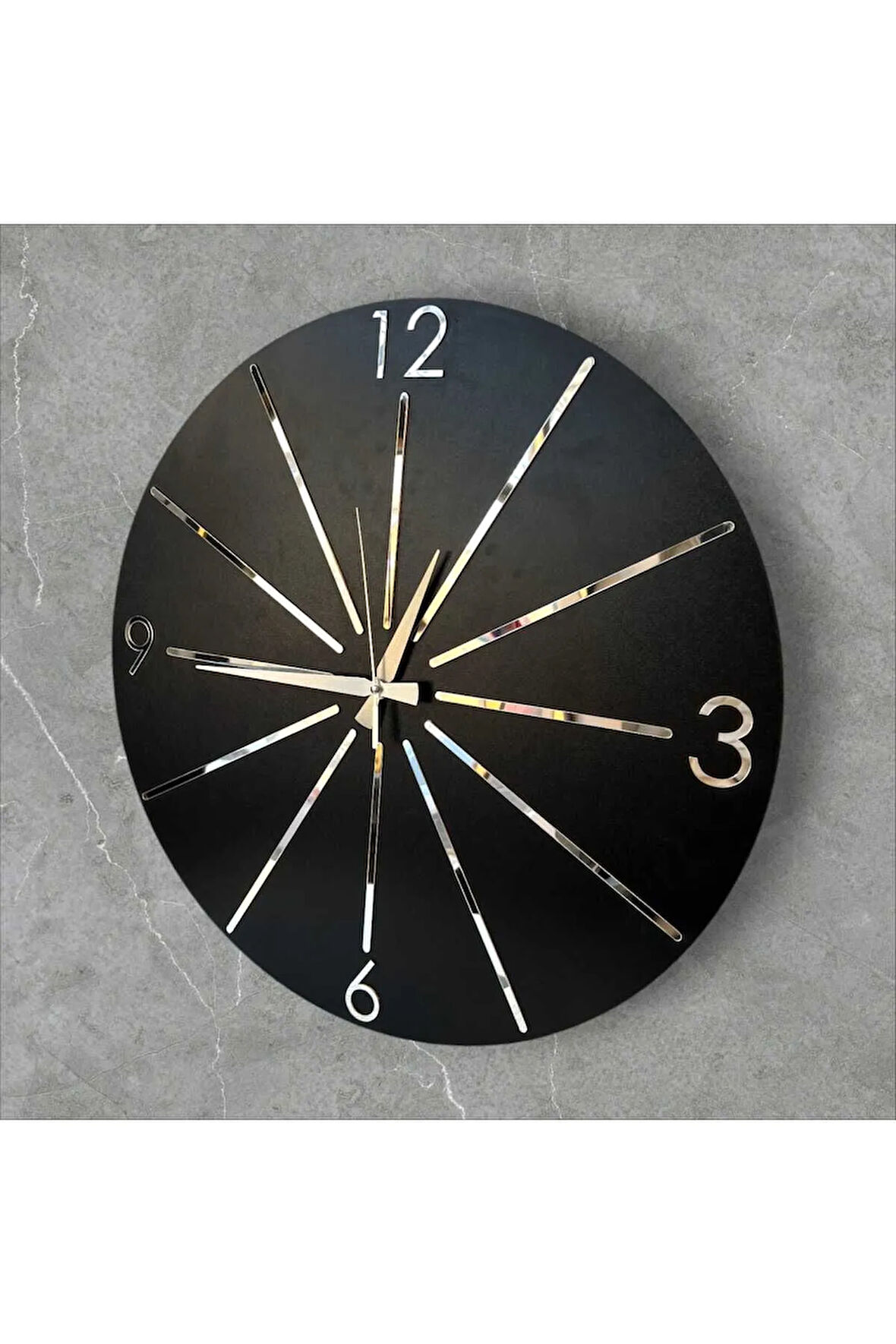 Siyah Renk Gold Gri Aynalı Çizgi Desenli Sessiz Hediyelik Ahşap Dekoratif Ev Ofis Duvar Saati 50cm