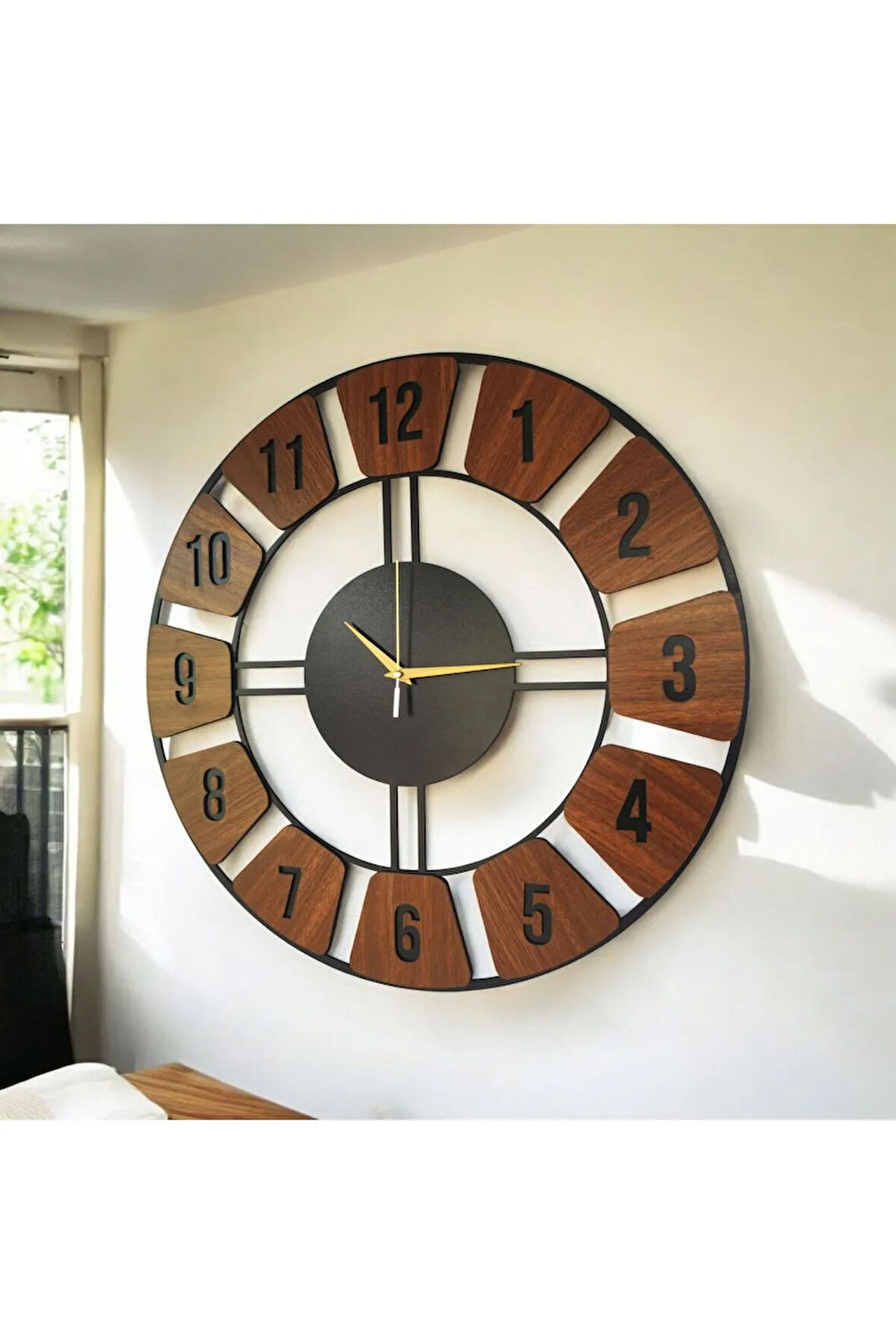 Ahşap Siyah Ceviz Renk Desenli Sayılı Hediyelik Sessiz Duvar Saati 50cm