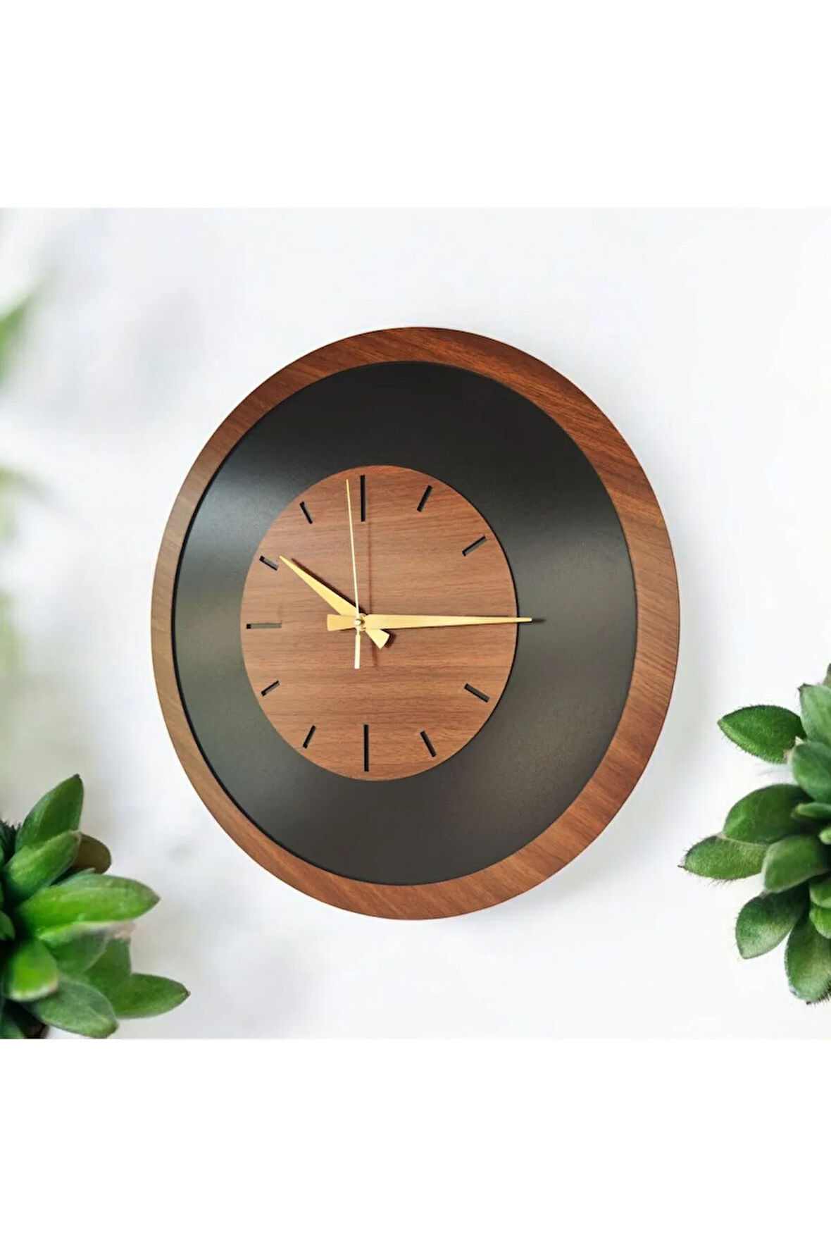 Ahşap Siyah ve Ceviz Renk Sade Sayılı Hediyelik Sessiz Duvar Saati 50cm