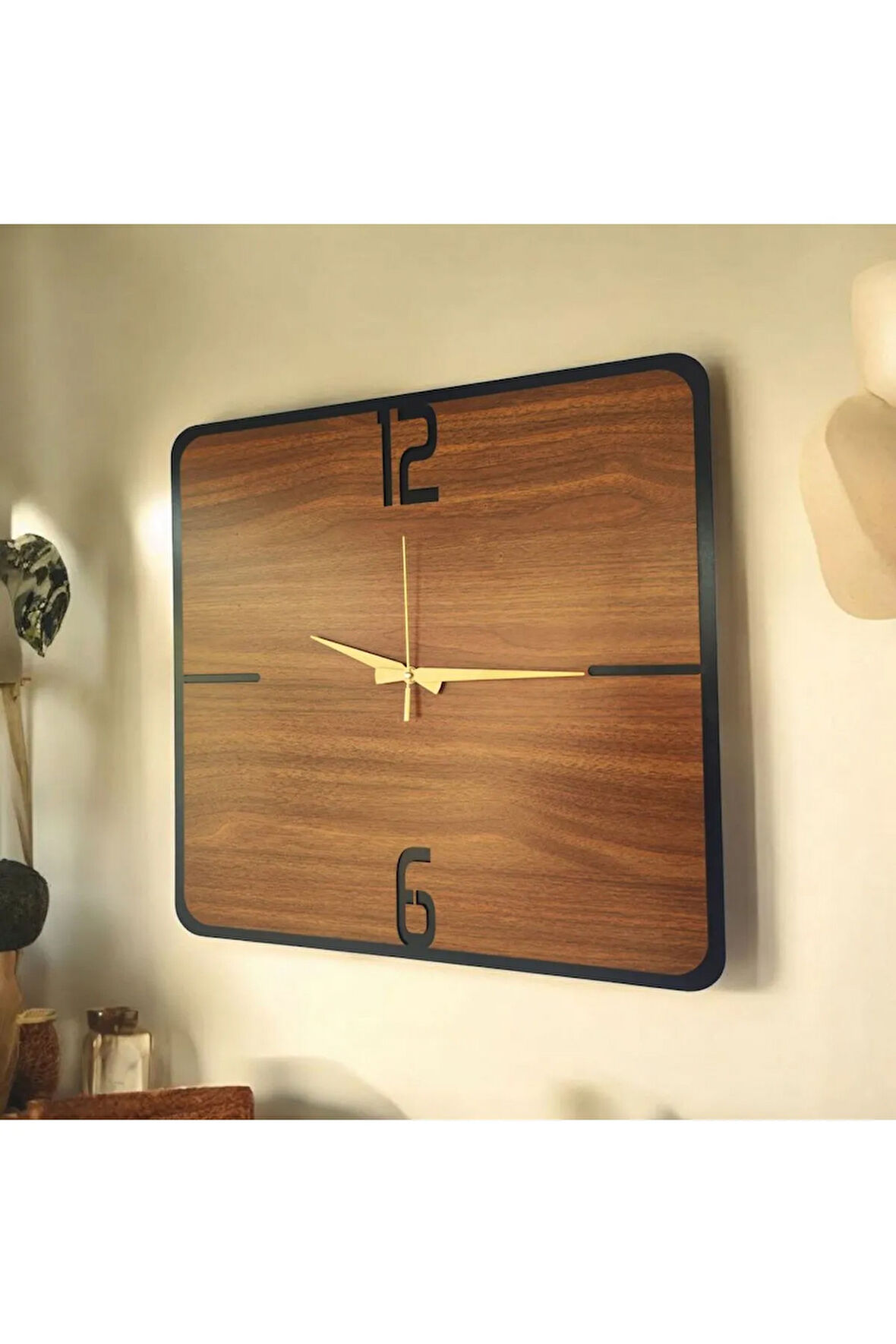 Kare Ahşap Ceviz Siyah Renk Sade Sayılı Hediyelik Sessiz Duvar Saati 50cm