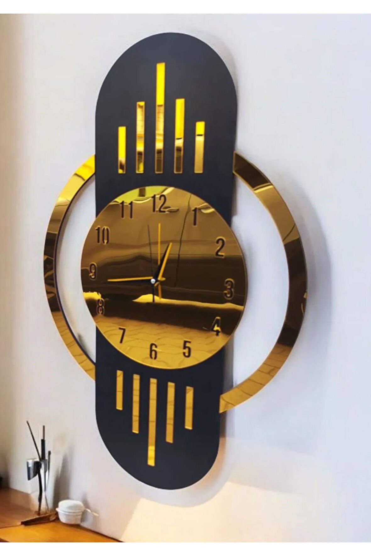 Siyah Renk Gold Altın Sayılı Hediyelik Ahşap Dekoratif Sessiz Büyük Boy Duvar Saati 70cm