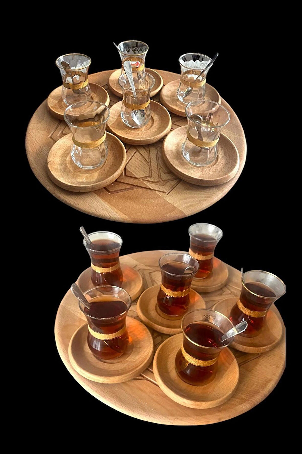 Ahşap motif işlemeli yuvarlak çay tepsisi ve 6 tane çay tabağı