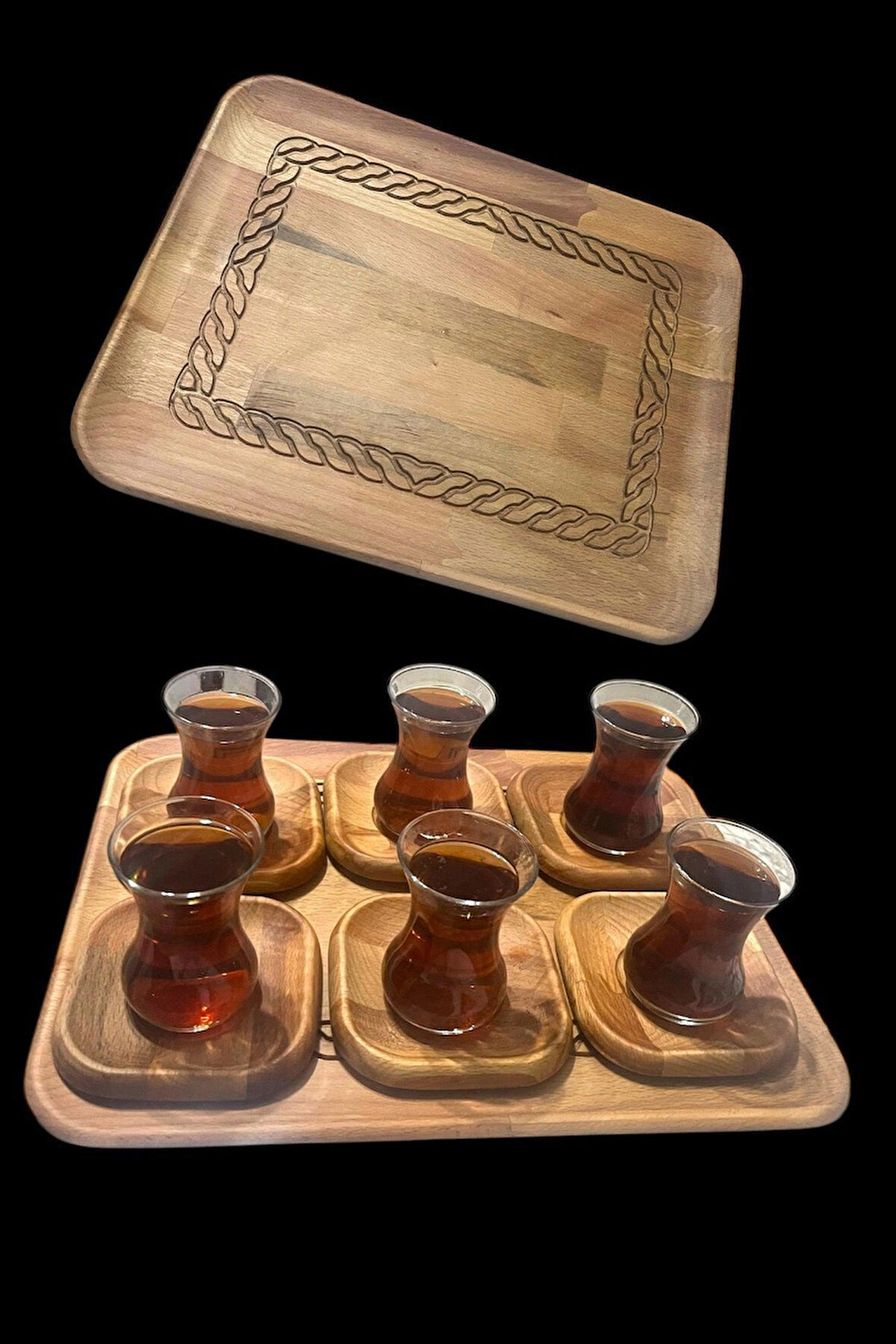 Doğal Ahşap Kare Tepsi ve 6 Adet Kare Çay Tabağı Seti