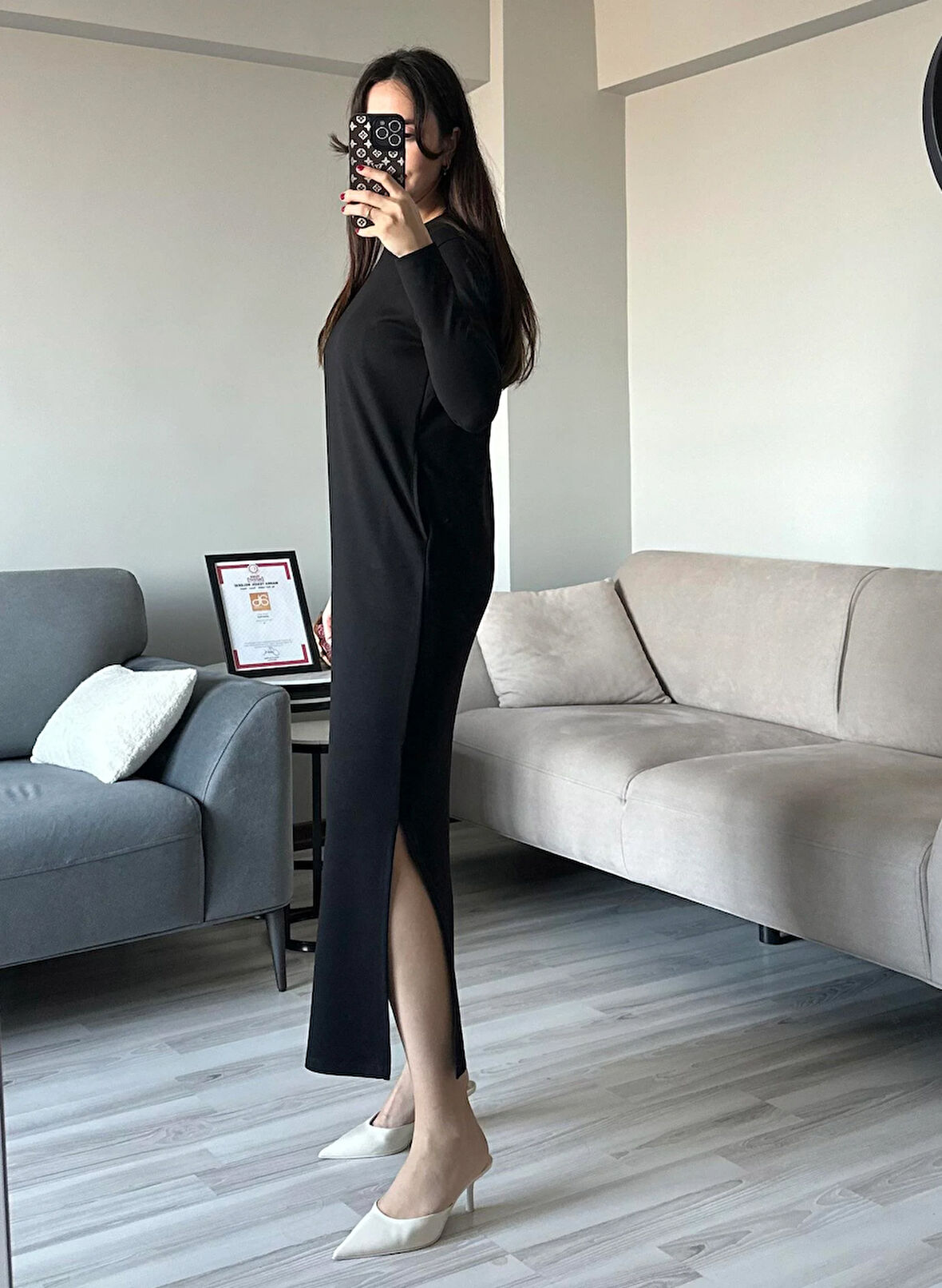 Kadın Siyah Oys Premium Pamuklu Kumaş Yanları Cepli Oversize Bol Kesim Uzun Maxi Bilek Boy Elbise