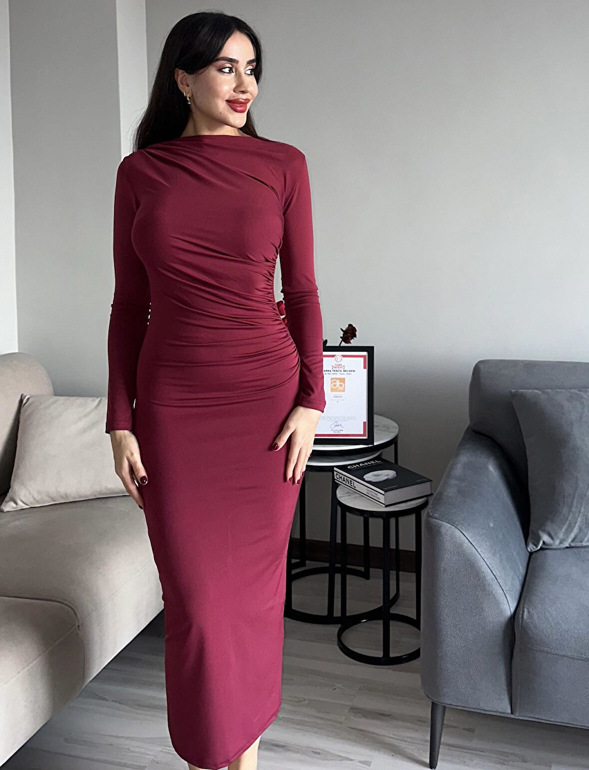 Kadın Bordo Drapeli Vücuda Oturan Esnek Uzun Kollu Maxi Uzun Kylie Elbise Şık Uzun Elbise