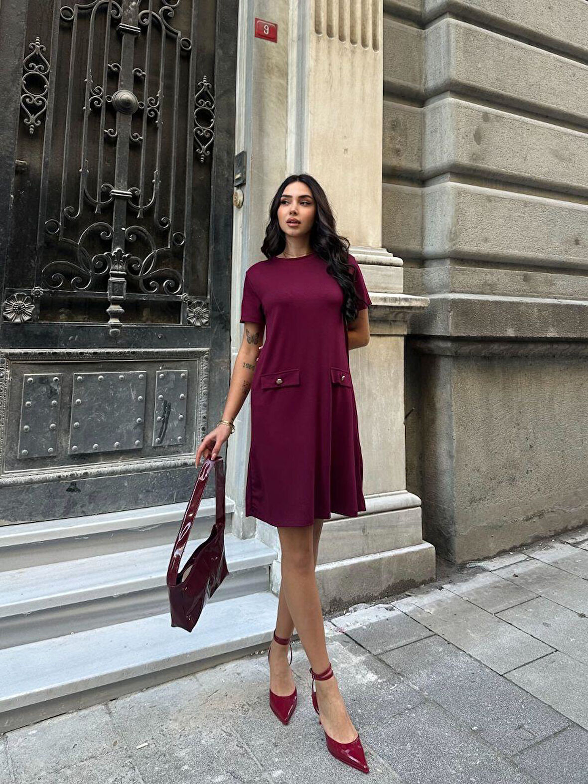 Kadın Bordo Kısa Kollu Oys Premium Pamuklu Modal Kumaş Süs Cepli Kısa Mini Yazlık Rahat Elbise