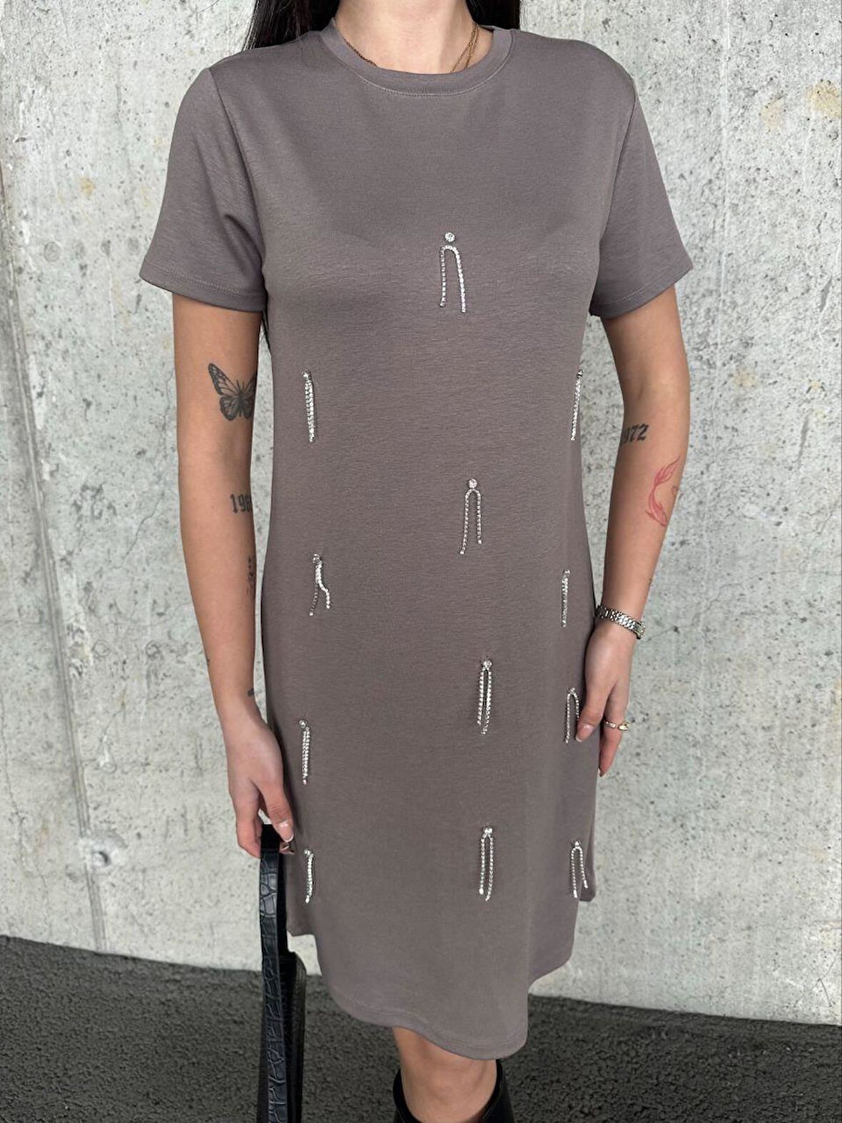 Kadın Vizon Taş Kısa Kollu Oys Premium Pamuklu Modal Kumaş Taş İşlemeli Kısa Mini Yazlık Rahat Elbise