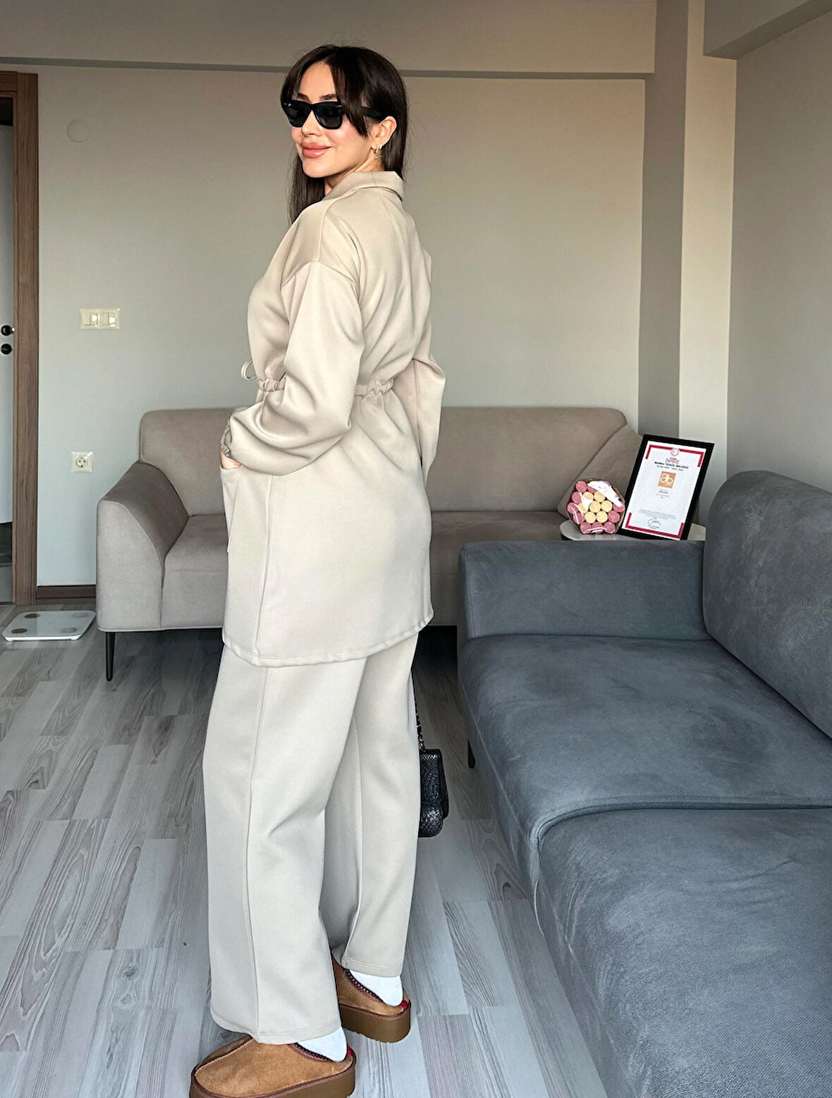 Kadın Taş Rengi Beli Bağlamalı Kuşaklı Ceket ve Pantolon Tesettür İkili Takım Düğmeli Alt Üst Takım