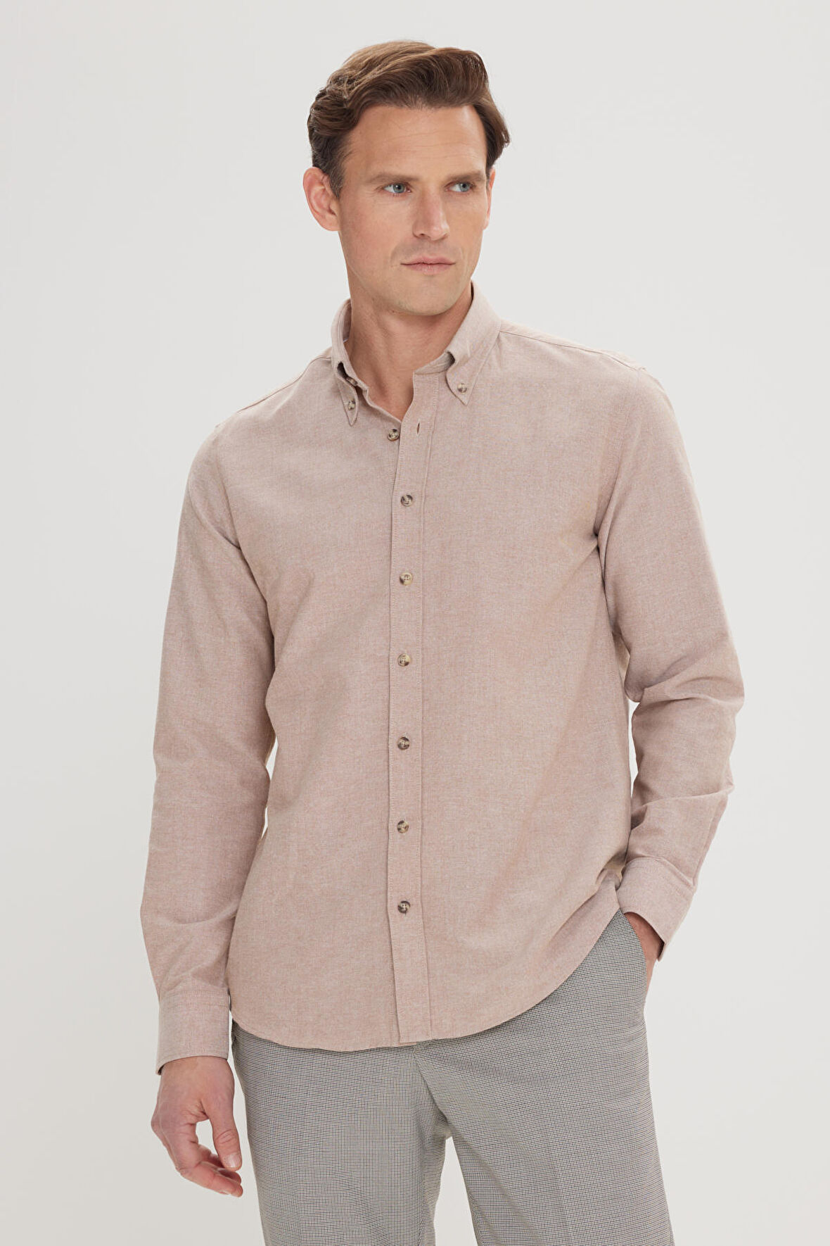 Erkek Vizon Düğmeli Yaka Tailored Slim Fit Oxford Gömlek