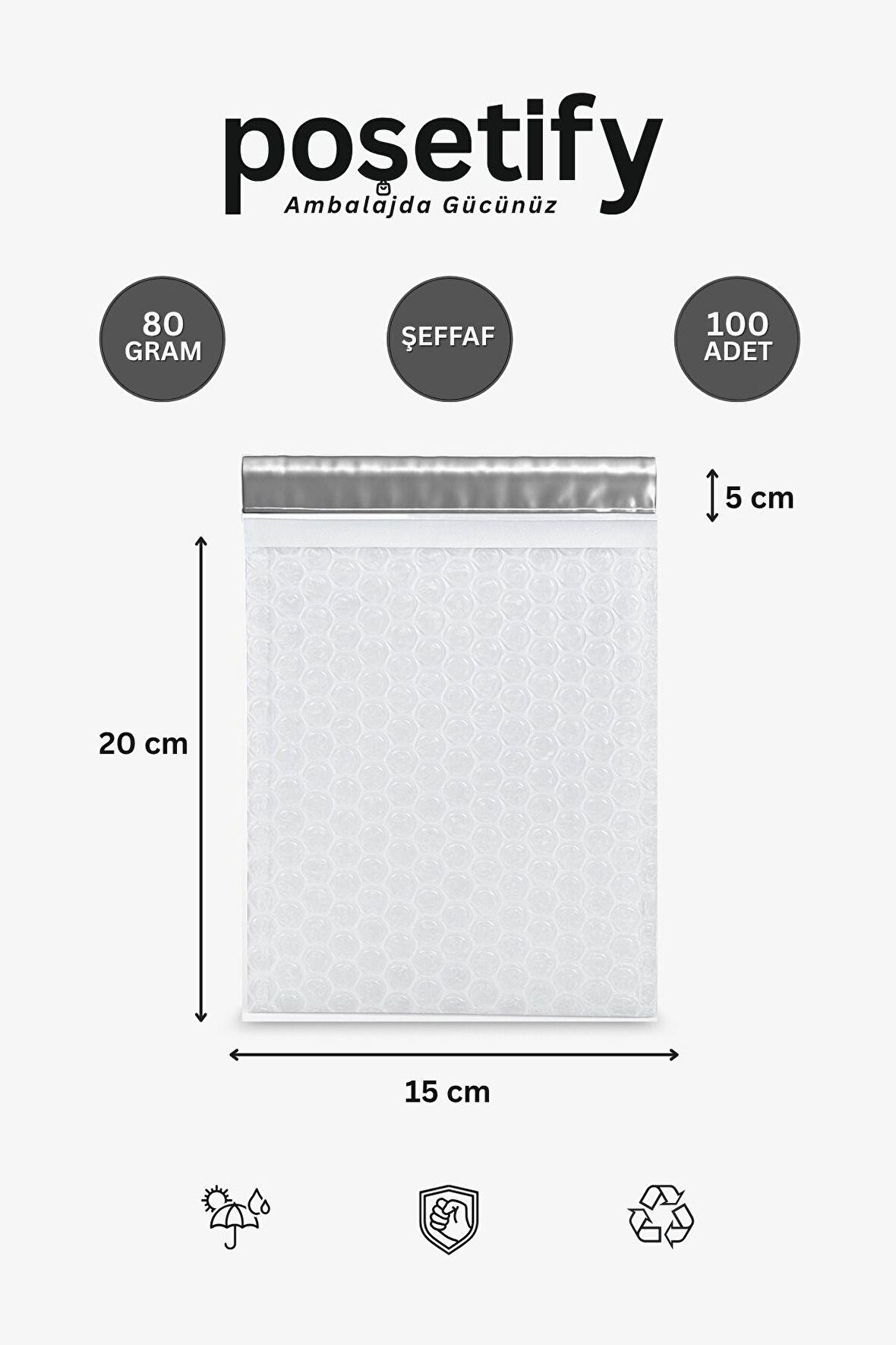 Balonlu Şeffaf Kargo Poşeti 15x20+5 cm | 80 gr Bantlı Patpatlı Kargo Poşeti | 100’lü