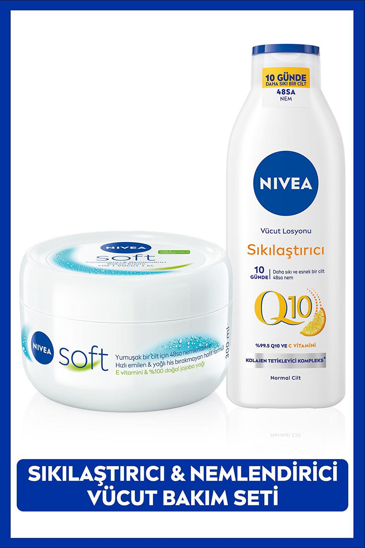 Nivea Q10 Sıkılaştırıcı C Vitamini Vücut Bakım Losyonu 250ml ve Soft Nemlendirici Krem 300ml, Esnek Cilt