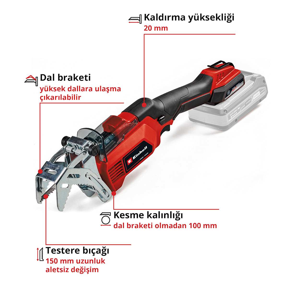 Einhell Akülü Budama Testeresi GE-GS 18/150 Li-Solo Power X-Change (18V, max. 100 mm kesim kalınlığı, 20 mm kaldırma yüksekliği, çıkarılabilir dal braketi, 2x testere bıçağı dahildir, akü dahil değildir) - 3408290
