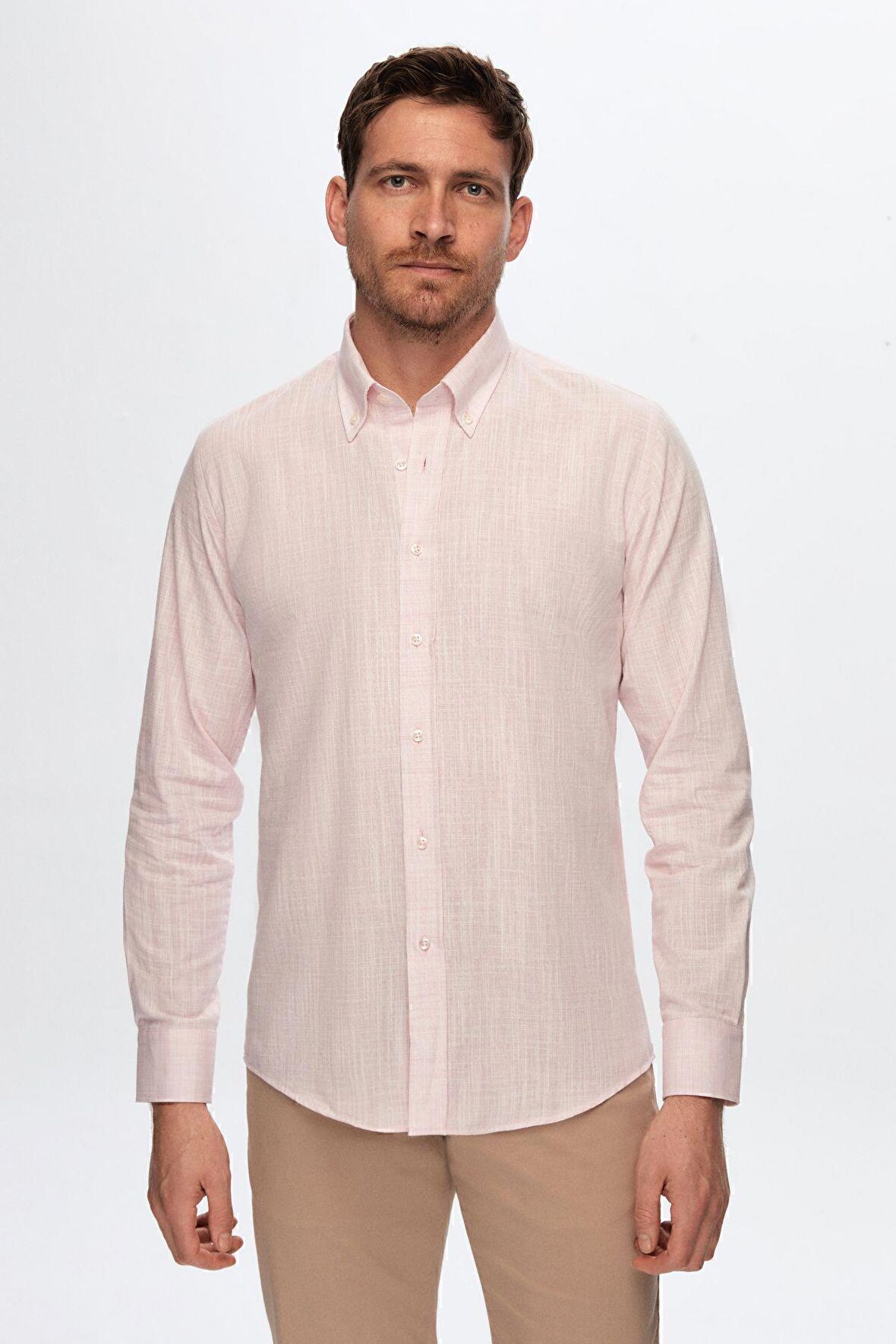 Ds Damat Slim Fit Pembe Keten Görünümlü Gömlek 0HC02ORT05265 0HC02ORT05265