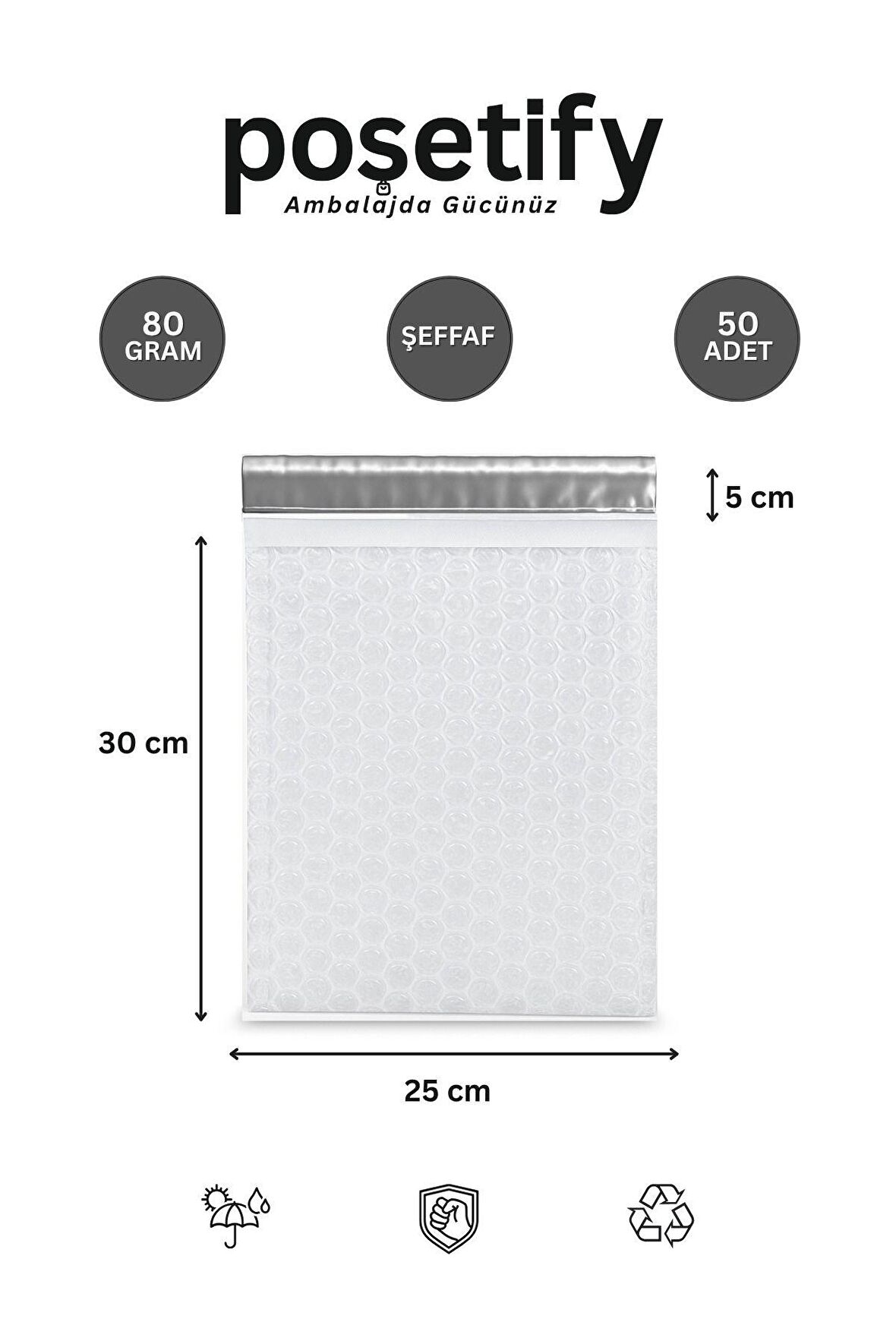 Balonlu Şeffaf Kargo Poşeti 25X30+5 cm | 80 gr Bantlı Patpatlı Kargo Poşeti | 50’li E-Ticaret Poşeti
