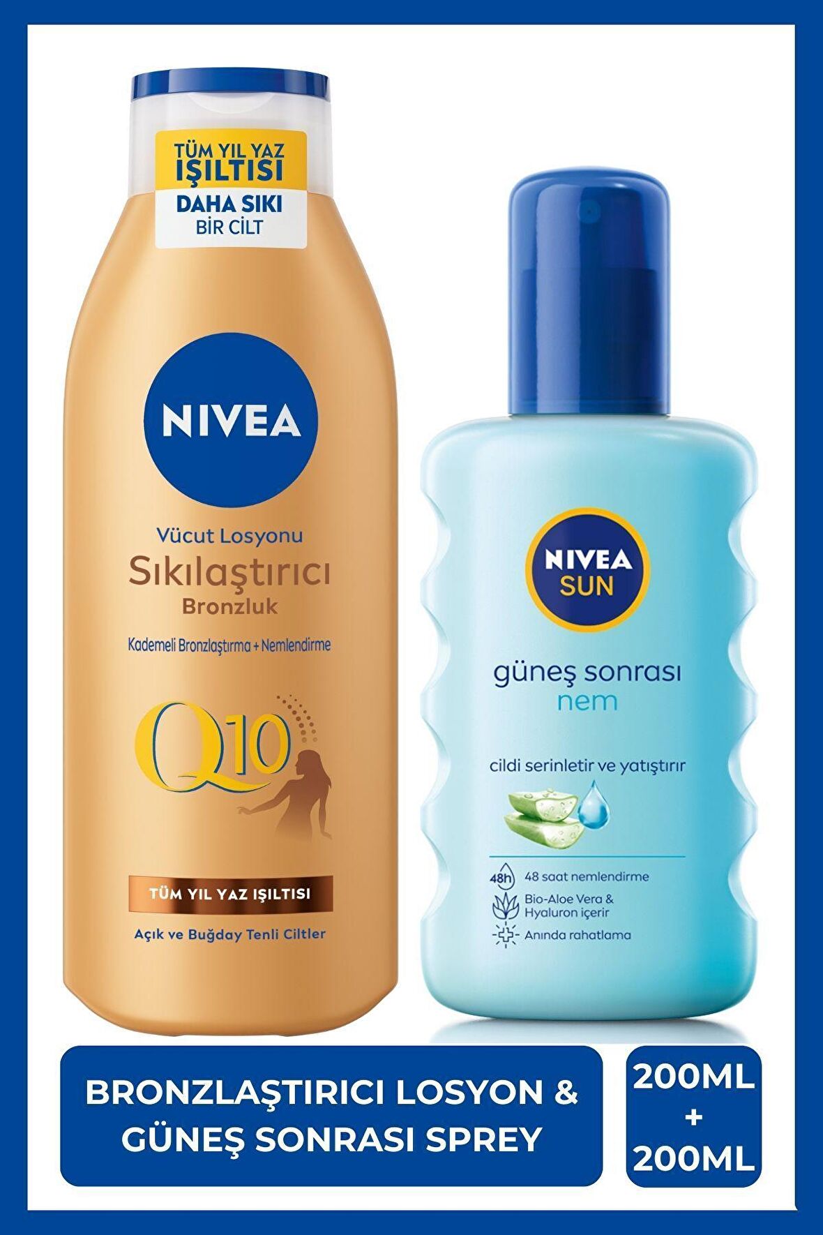 Nivea SUN Nemlendirici Güneş Sonrası Spreyi 200ml, Q10 Sıkılaştırıcı ve Bronzlaştırıcı Vücut Losyonu 200ml