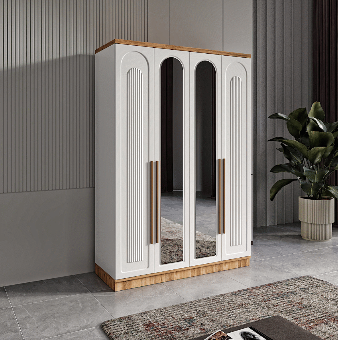 Ücretsiz Montaj - 100% MDF Flora 4 Kapaklı - Aynalı Beyaz Gardırop - MDF Dolap - Elbise Dolabı