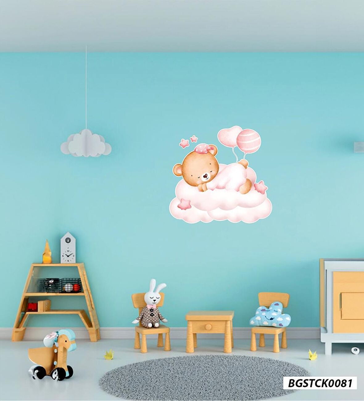 Bizerk Görsel Pembe Bulutun Üzerinde Uyuyan Sevimli Bebek Oyuncak Ayı Cam Kapı Duvar Sticker Seti