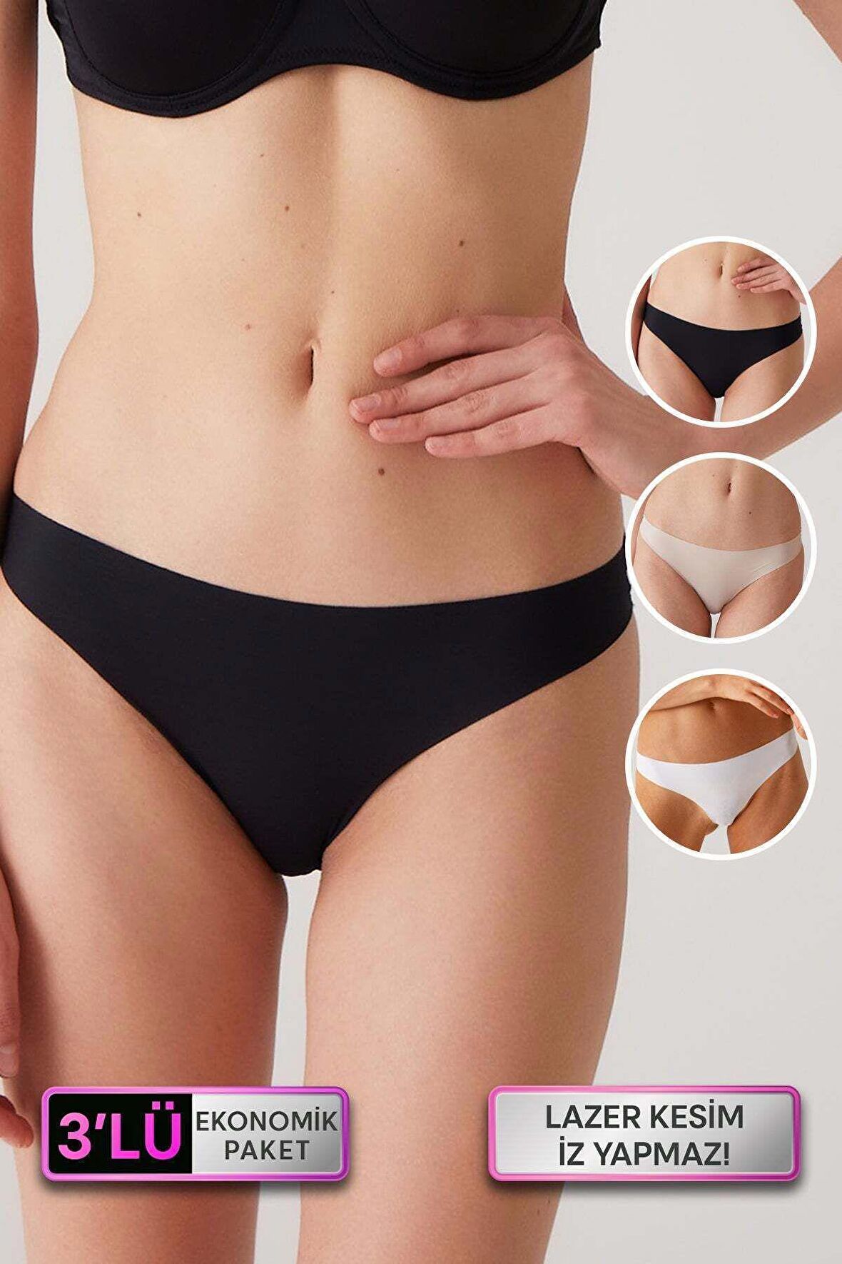 3'lü Ekonomik Paket Siyah-Beyaz-Ten 2903 Lazer Kesim İz Yapmayan Micro Klasik Külot (Pamuklu Ağ)