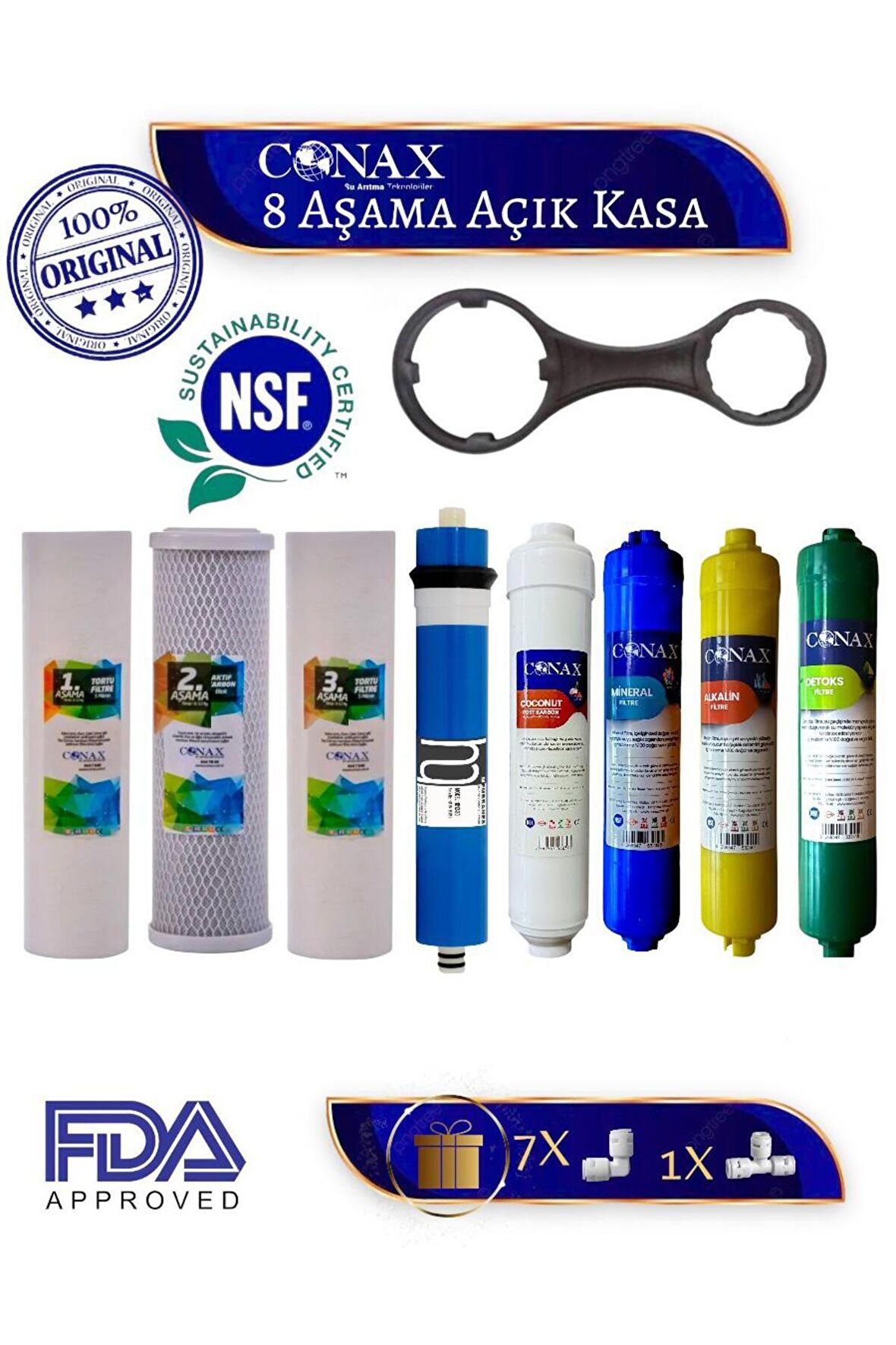 Tüm Açık Kasa Su Arıtma Cihazlarına Uyumlu, Conax, 8 Li Filtre Seti, 75 Gpd Benc Membranlı