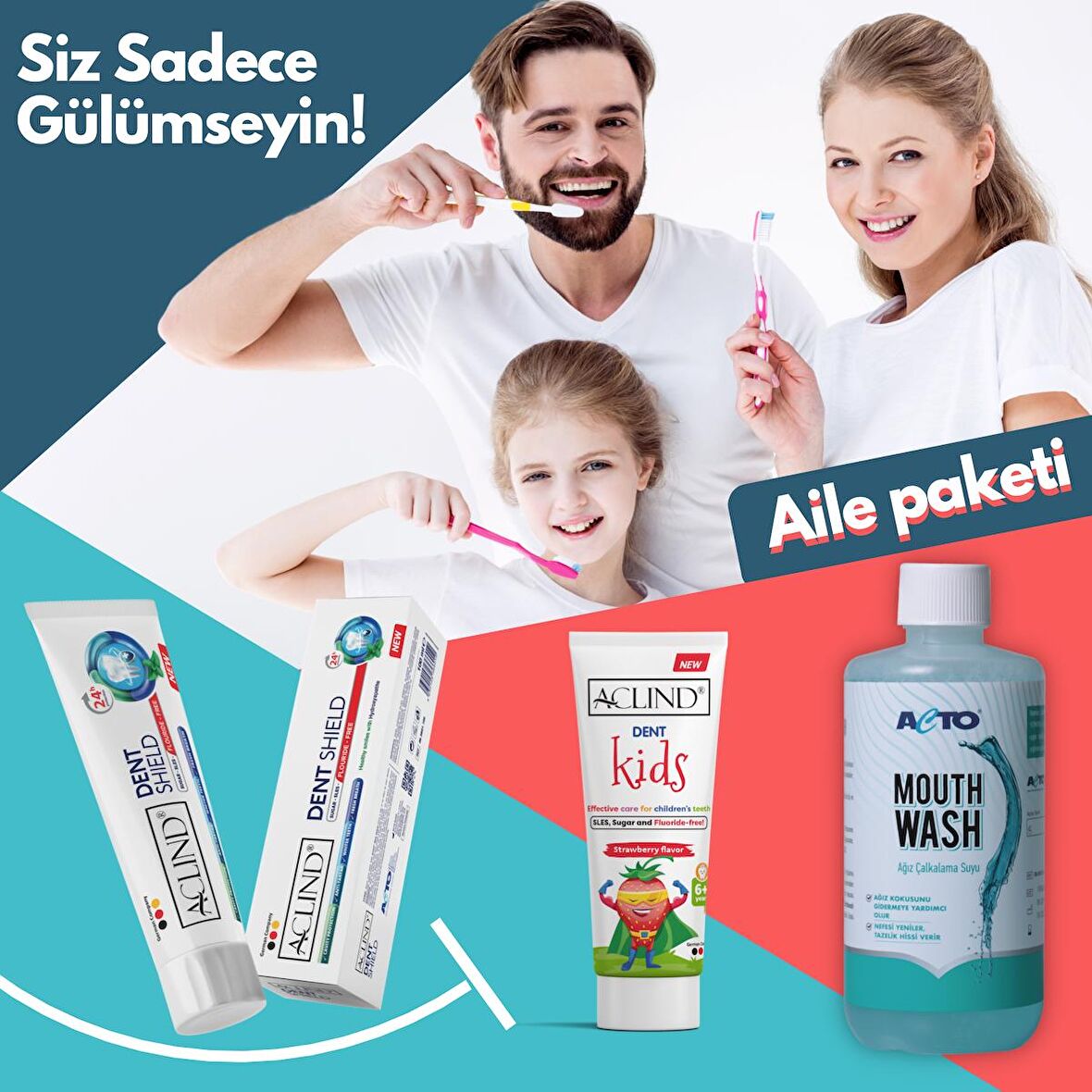 Aclind Aile Ağız Bakım Paketi - Büyük (DENT SHIELD 100 ml + Dent Kids 75 ml + MOUTHWASH 500 ml )